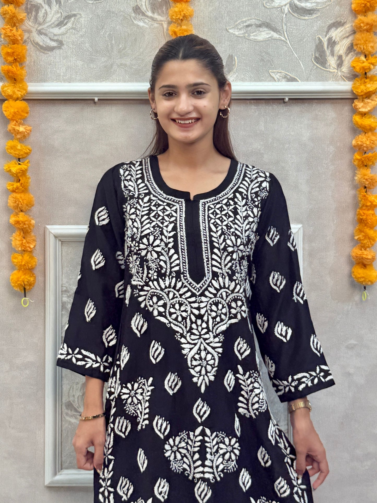 Black muslin chikankari kurta with hand embroidery, premium quality