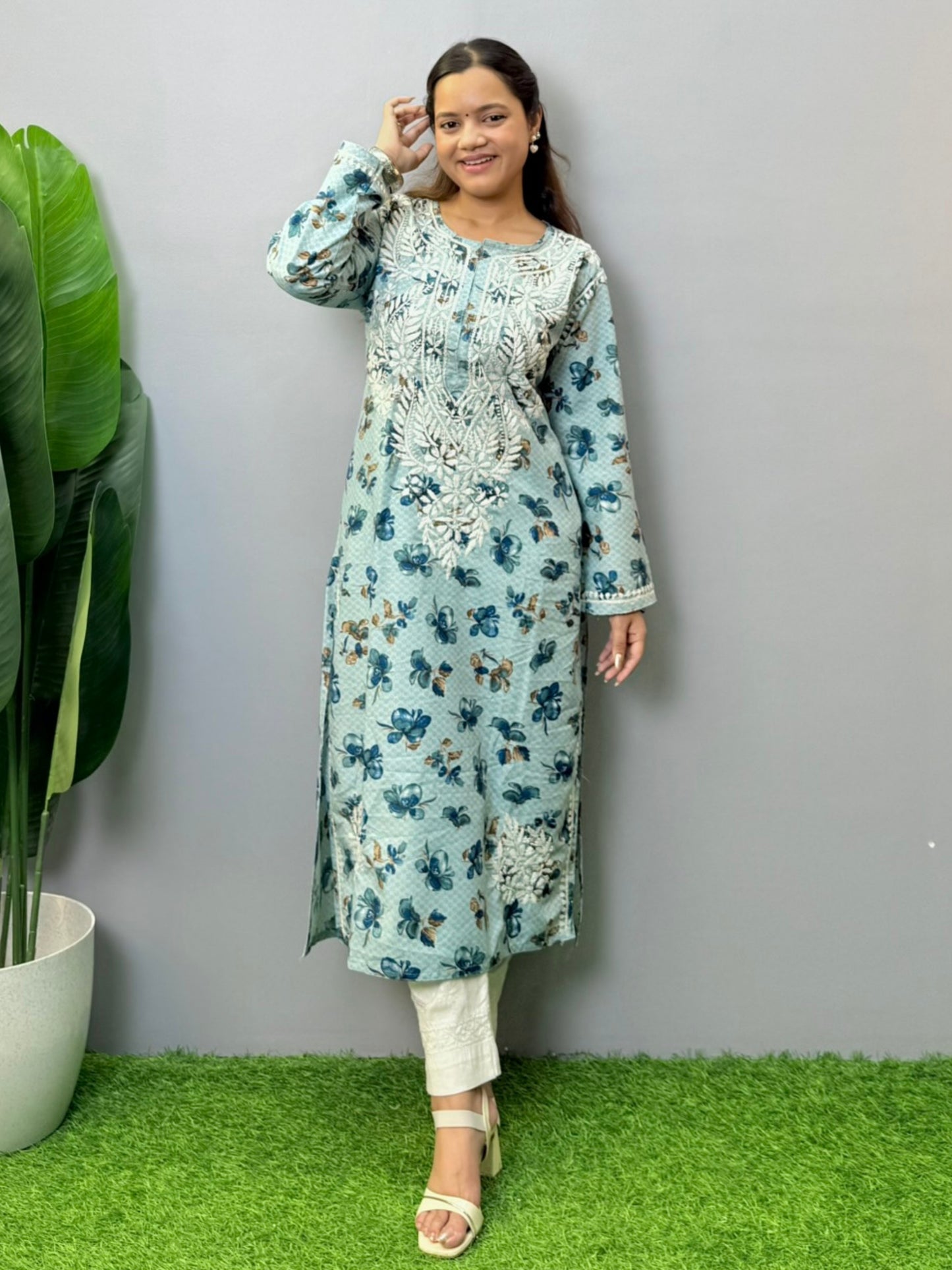 Printed blue rayon chikankari kurta with hand embroidery and floral motifs