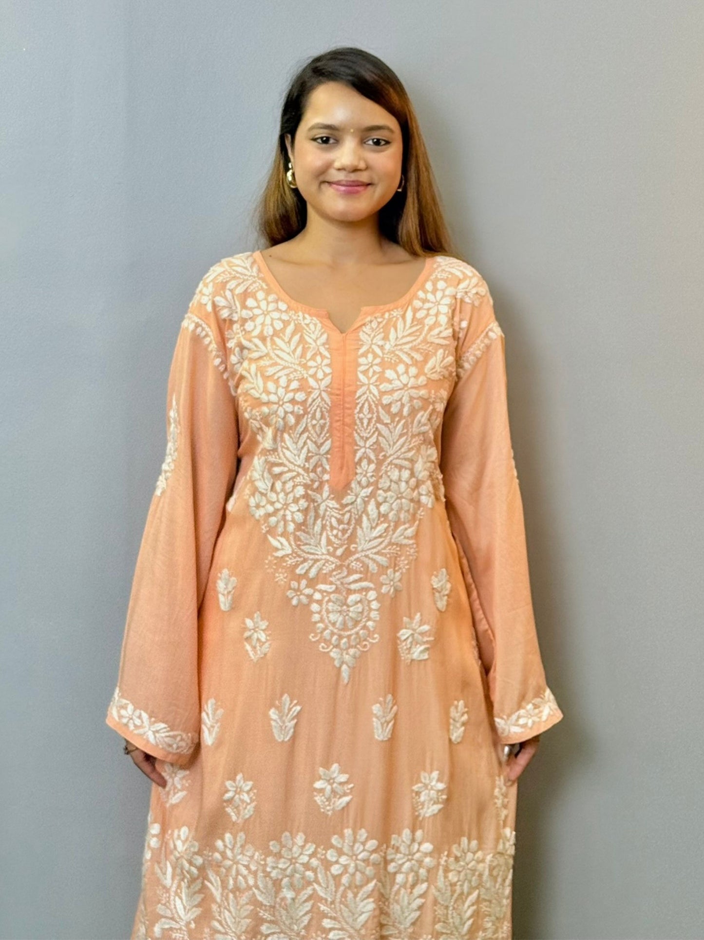 Peach Blush Chikankari Kurta – Premium Modal Fabric