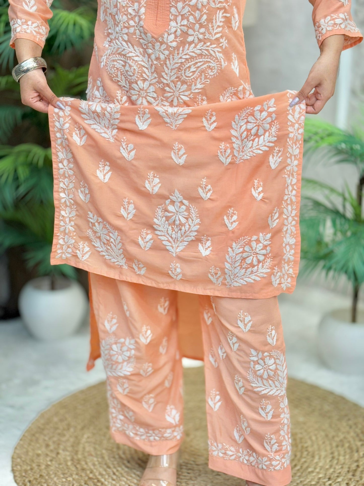 Peach muslin hand embroidered Lucknow Chikankari kurta and pant set for women