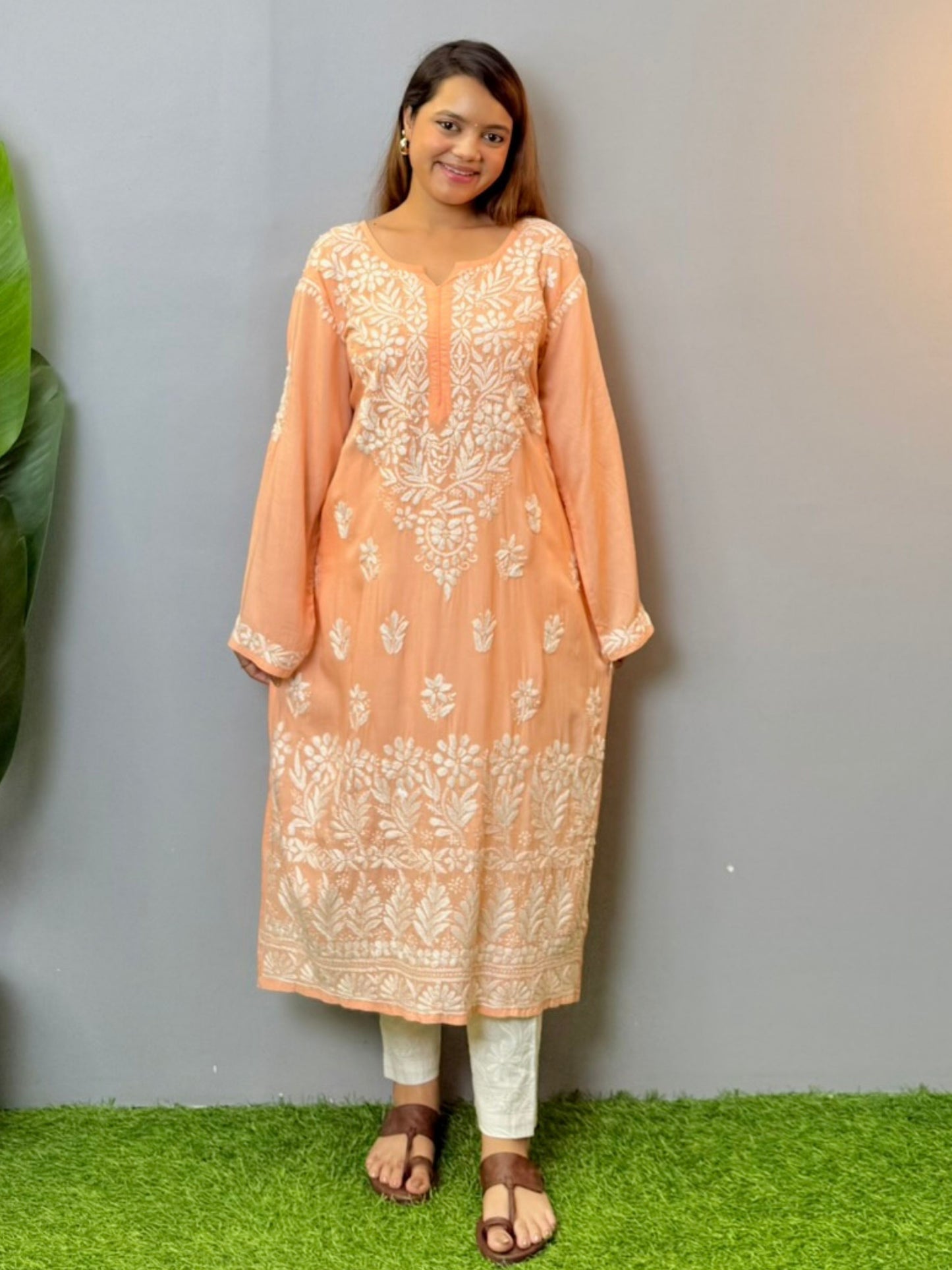 Peach Blush Chikankari Kurta – Premium Modal Fabric