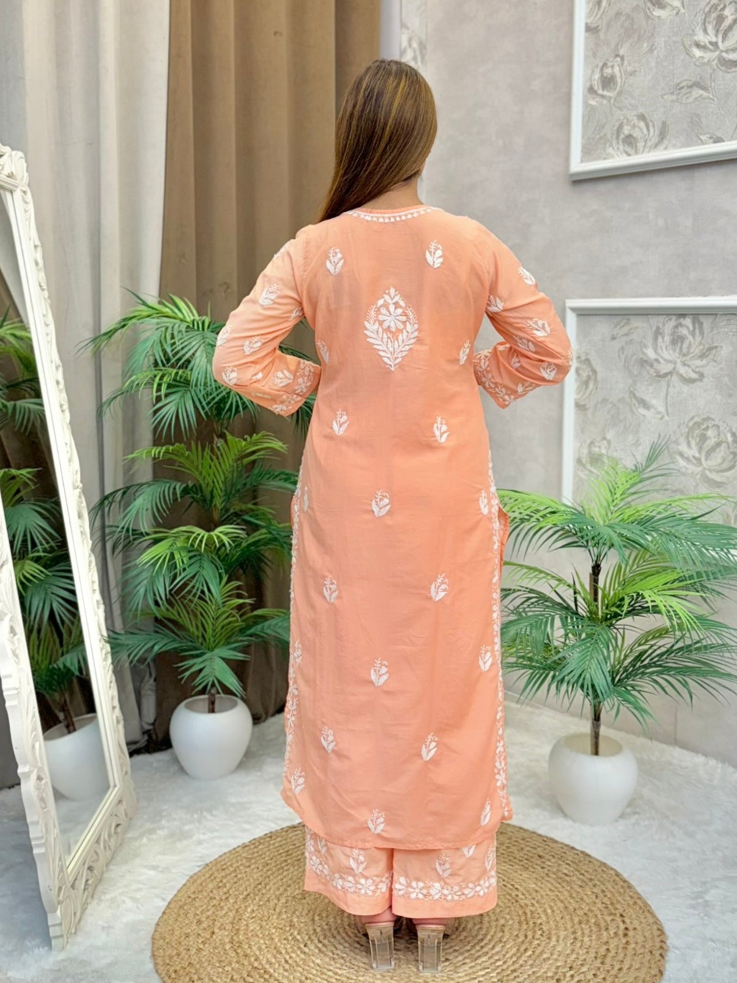 Peach muslin hand embroidered Lucknow Chikankari kurta and pant set for women