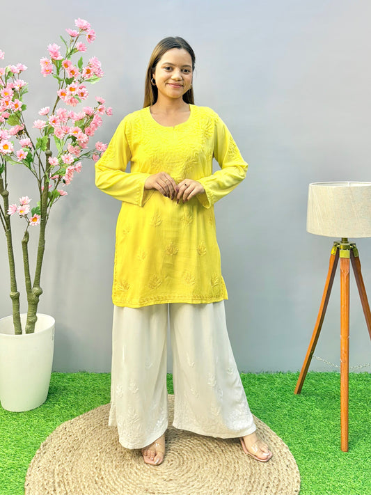 Sunshine yellow short kurta in soft modal fabric with Lucknow Chikankari embroidery