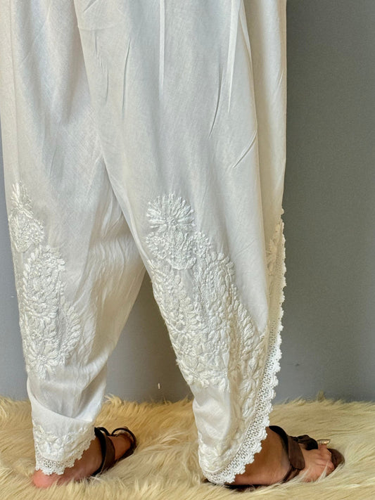 Lucknow chikankari cotton dhoti pant with hand embroidery, non-stretchable fabric, 39-inch length