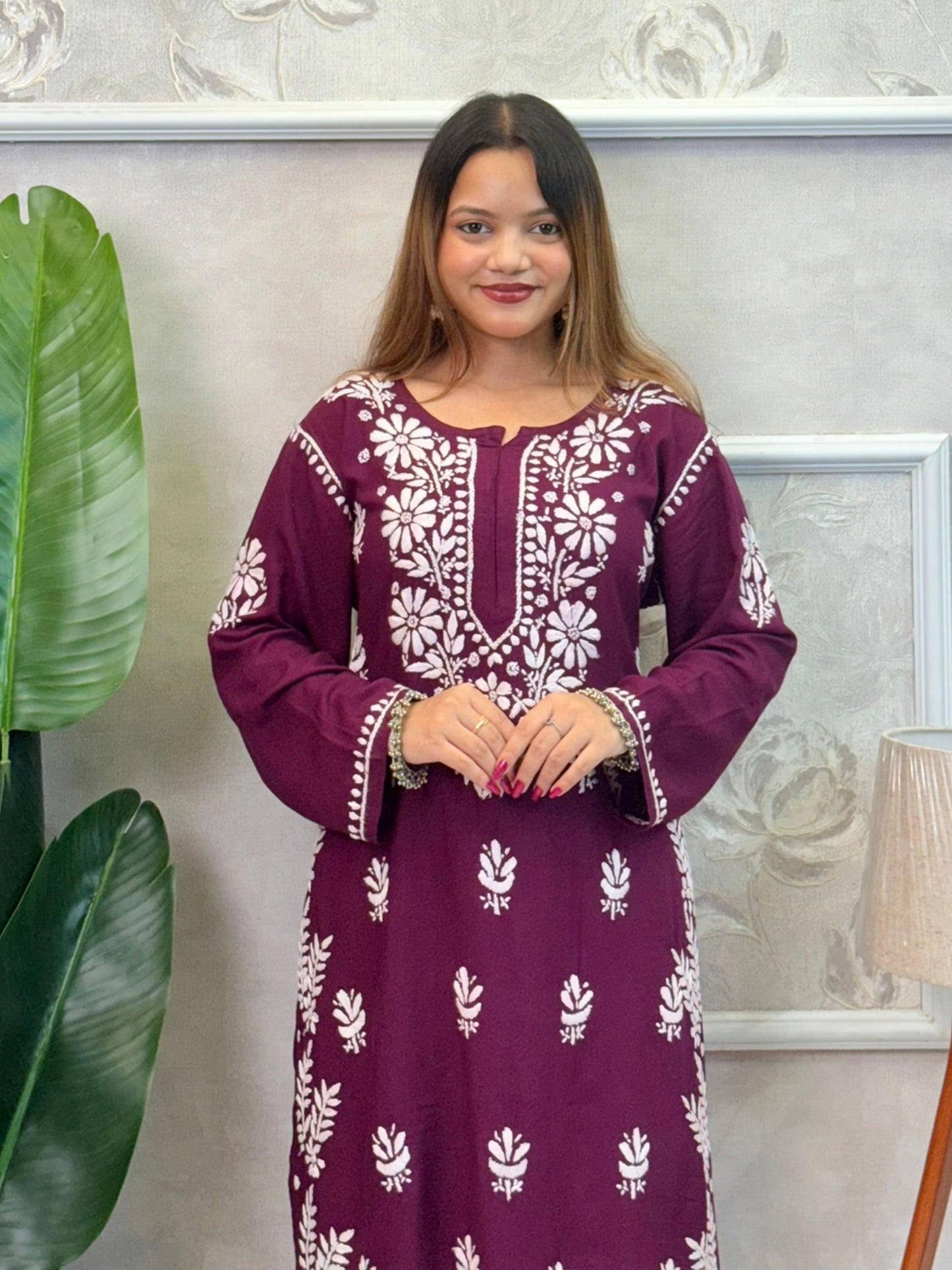 Wine rayon chikankari kurta and Afghani pant set with white hand embroidery – soft and comfortable