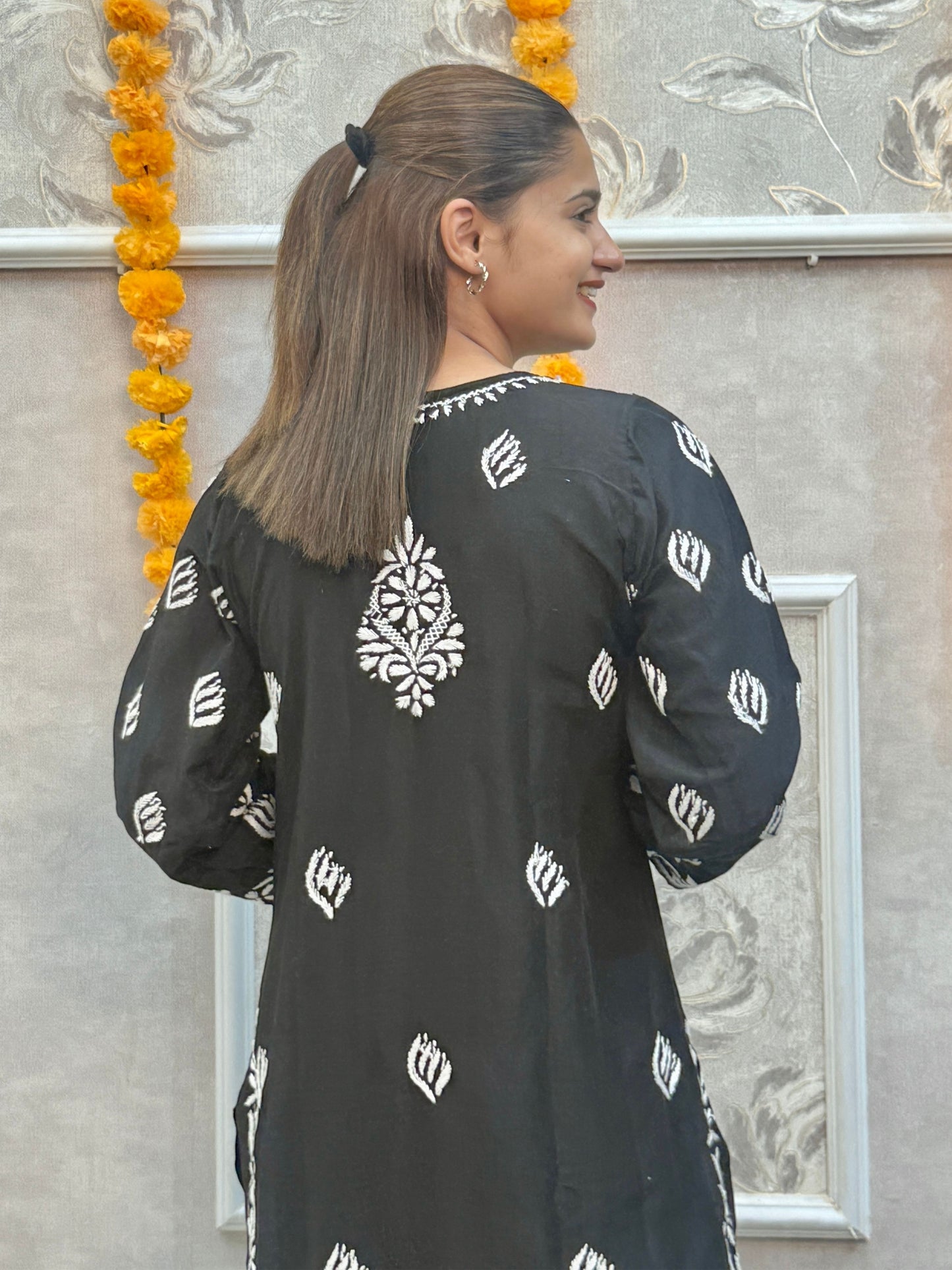 Black muslin chikankari kurta with hand embroidery, premium quality