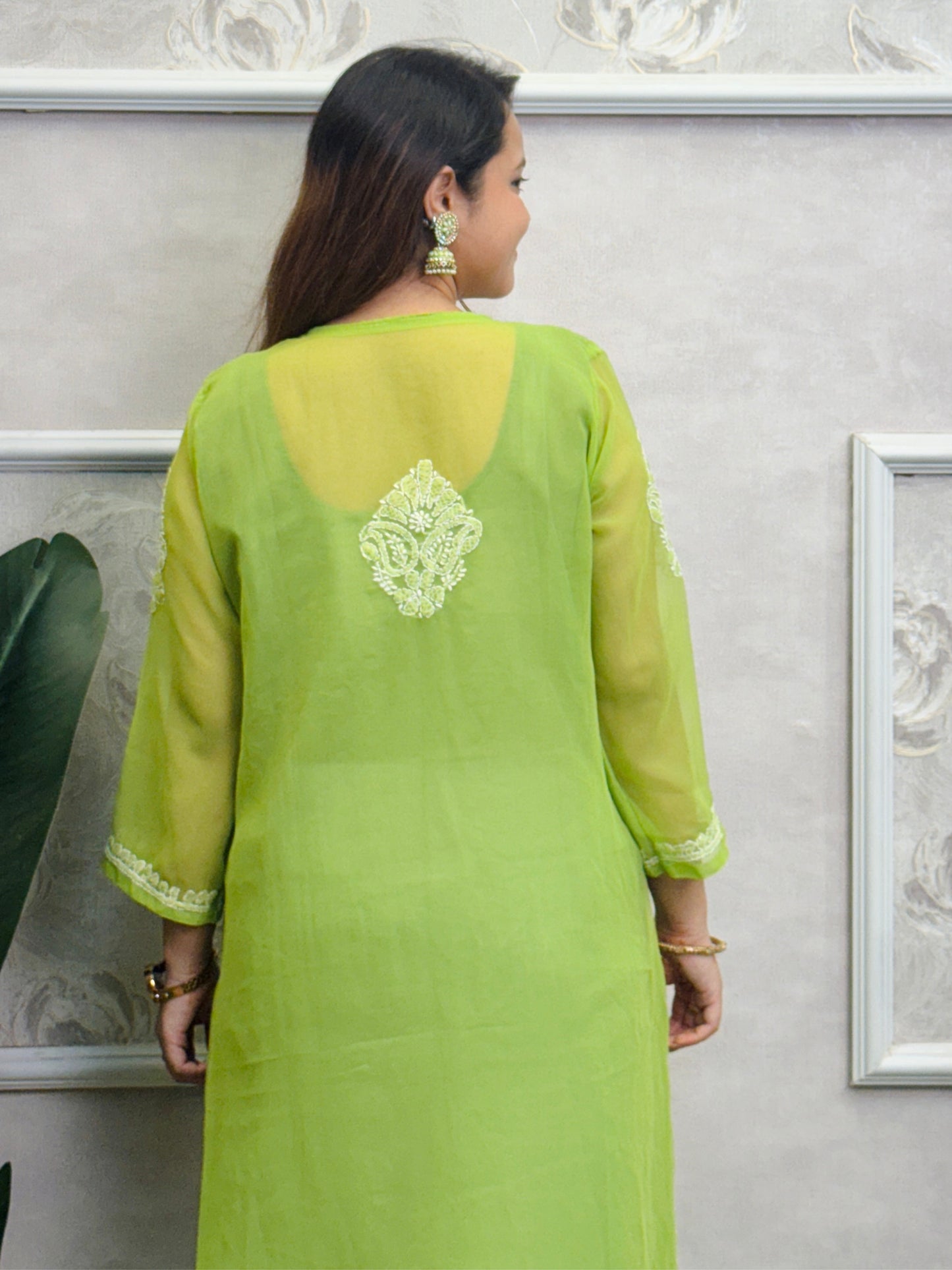 Lime green georgette Lucknow Chikankari kurta with delicate hand embroidery, perfect for casual wear.