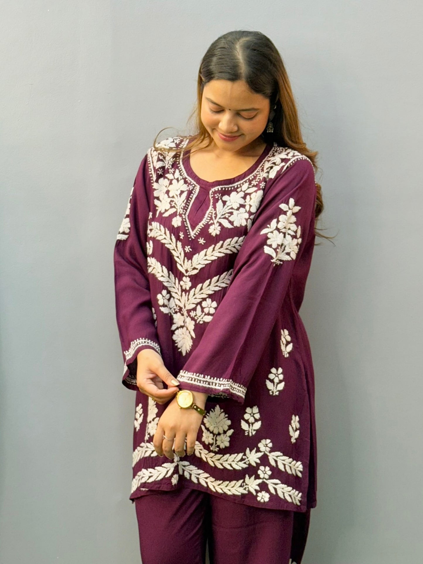 Plum purple short chikankari kurta and pant set in rayon fabric with white hand embroidery