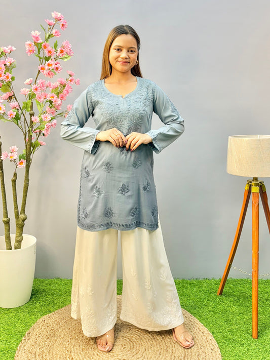 Grey modal fabric Lucknow Chikankari short kurta with soft texture