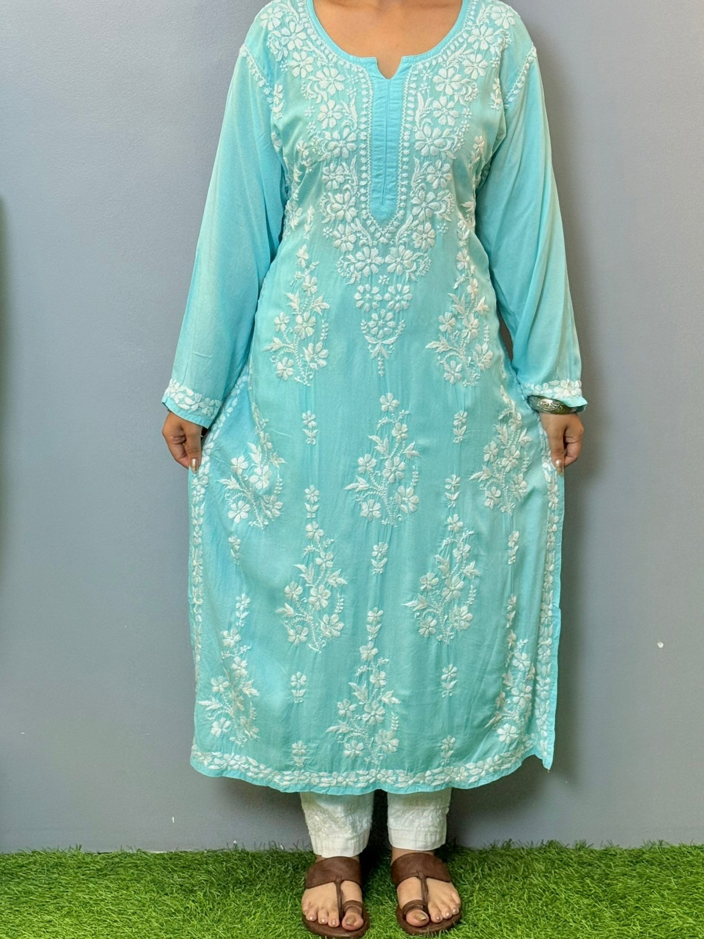 Aqua blue modal fabric chikankari kurta with white hand embroidery work