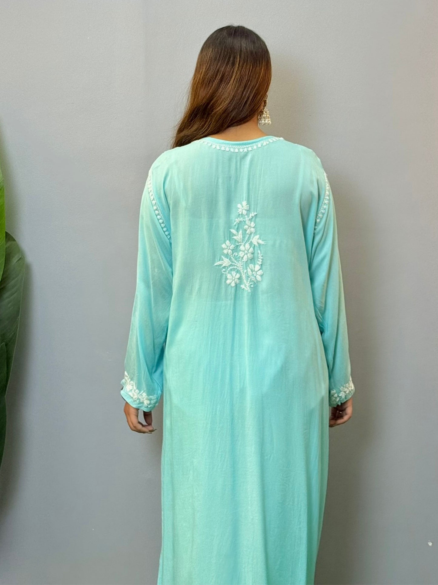 Aqua blue modal fabric chikankari kurta with white hand embroidery work