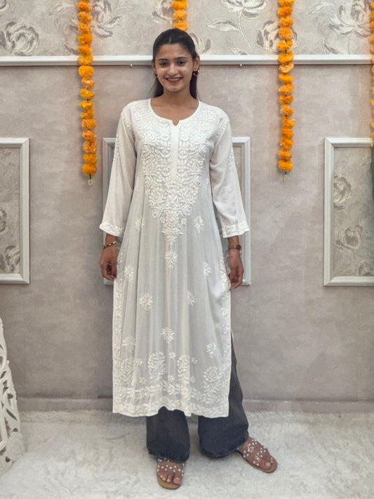 White rayon chikankari kurta with hand embroidery, dyable and premium quality