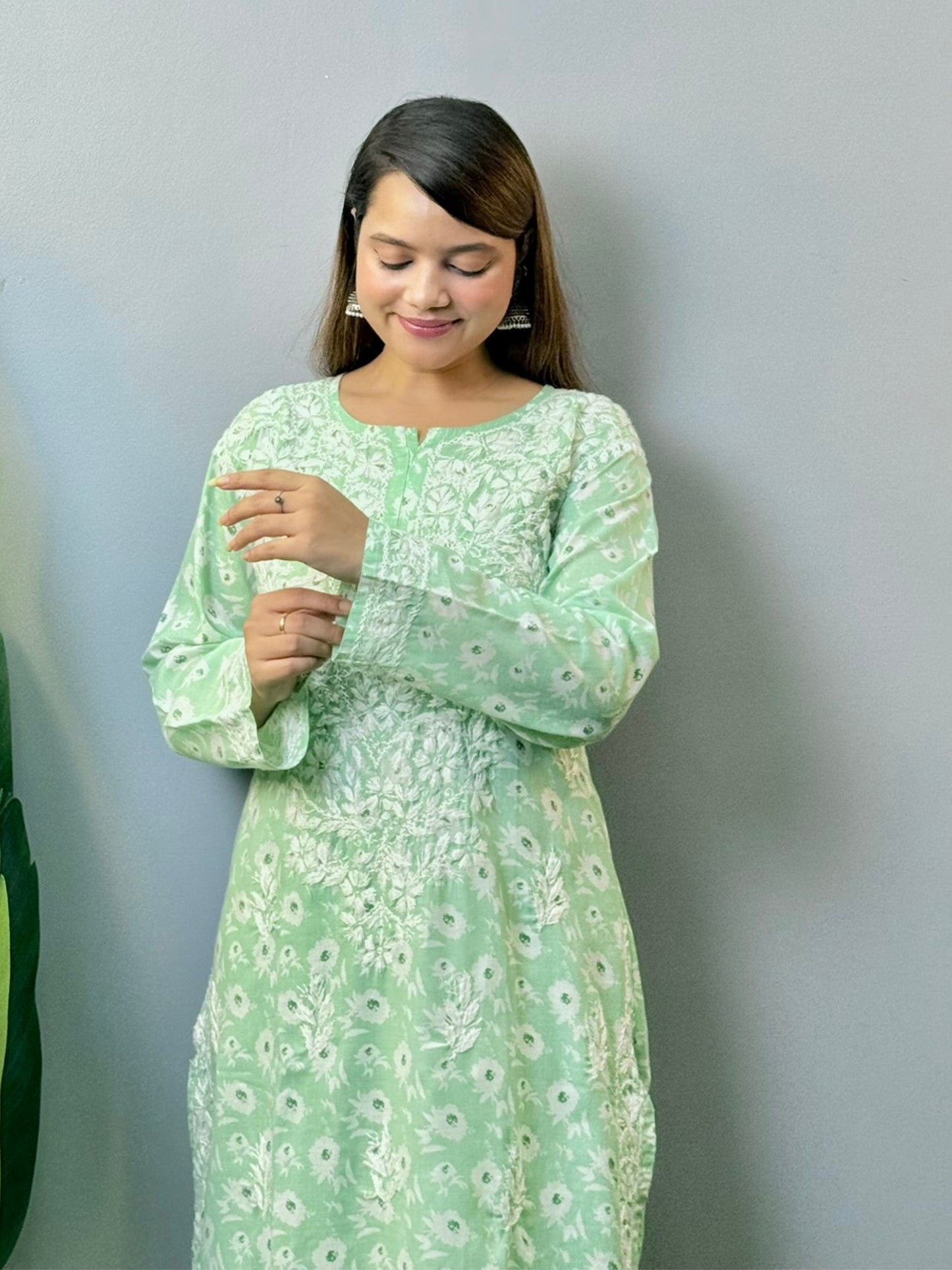 Pastel green cotton printed kurta and palazzo set with white Lucknowi Chikankari embroidery – soft and breathable ethnic wear