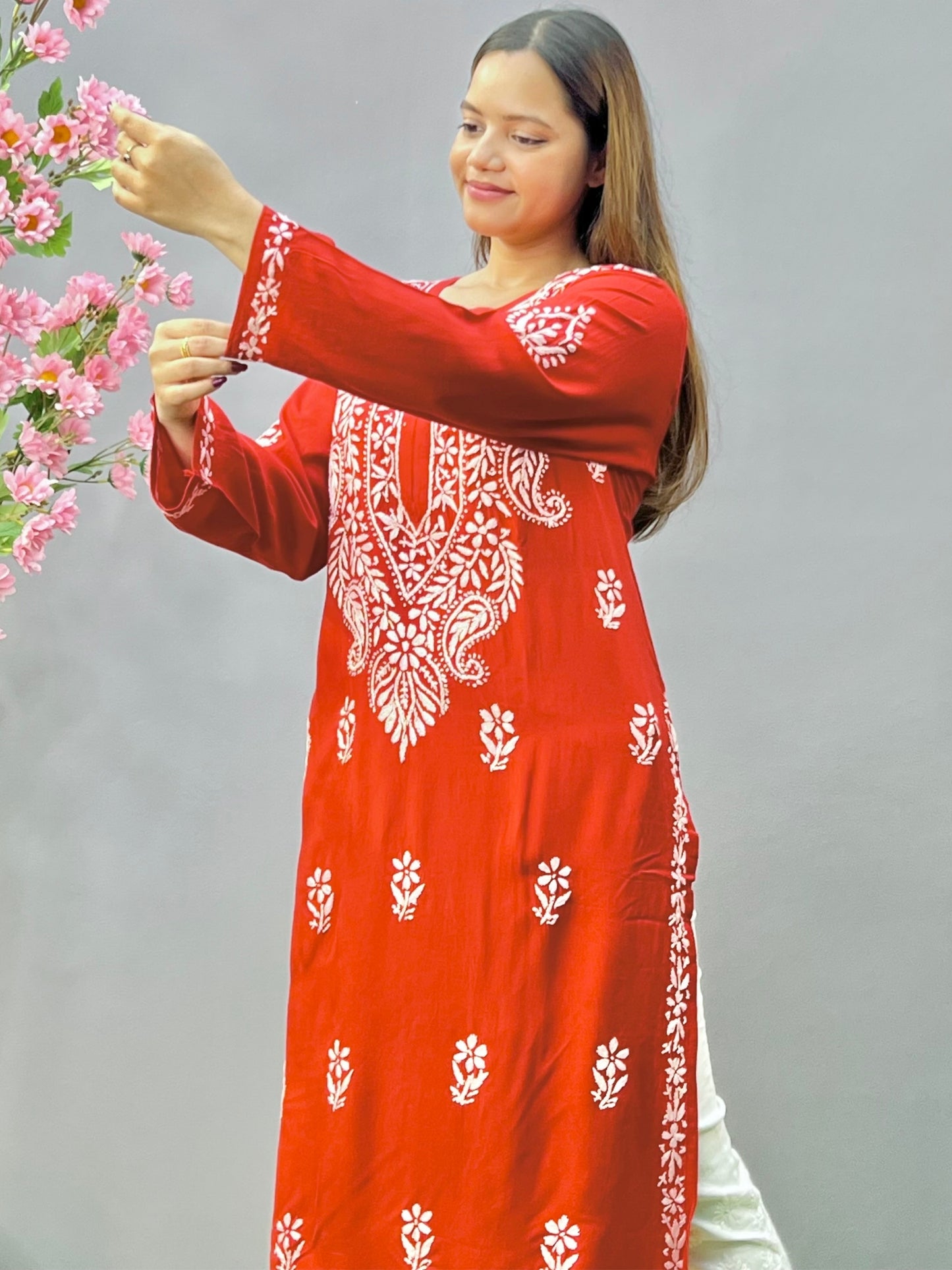 Red Lucknow Chikankari Rayon Kurta with Hand Embroidery – Soft & Premium Quality