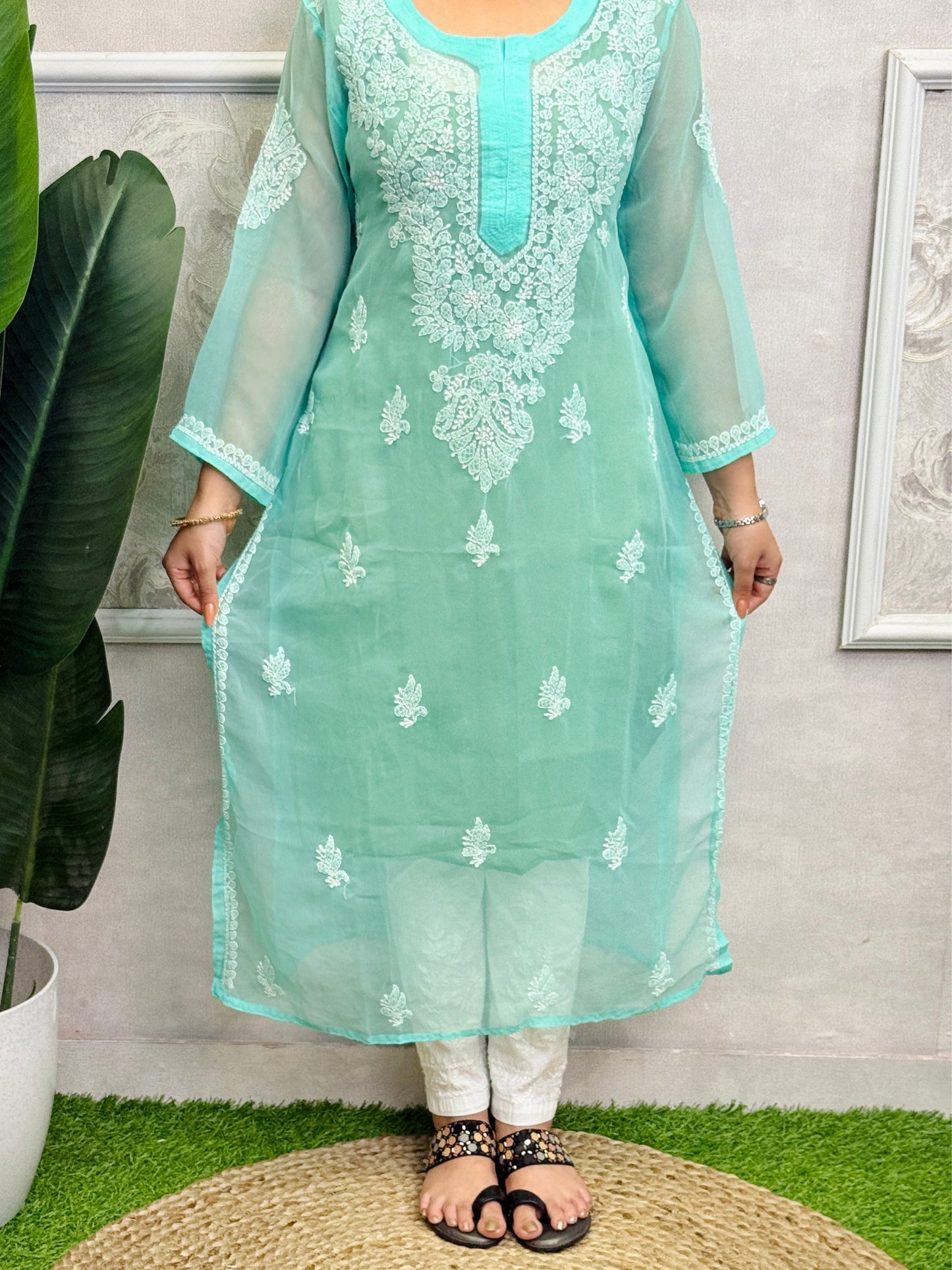 Sea Green Georgette Lucknow Chikankari Kurta with delicate hand embroidery, translucent fabric, casual wear.