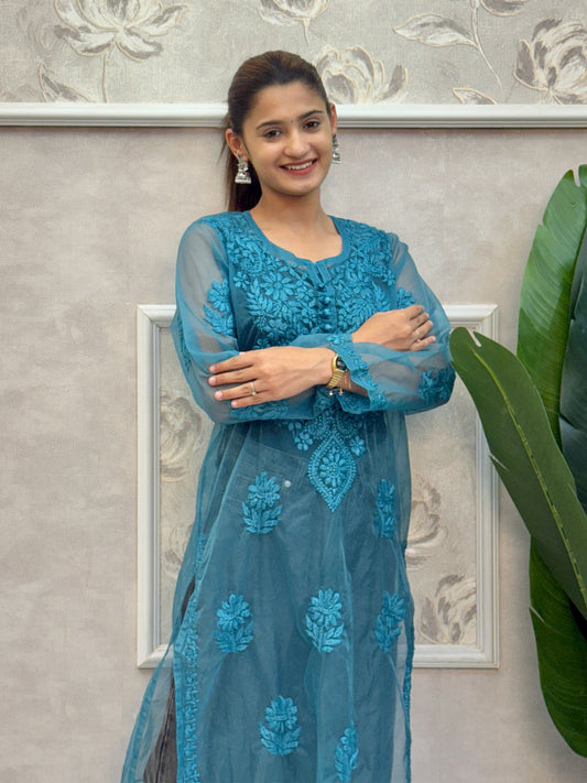Lucknow chikankari teal blue organza kurta with hand embroidery