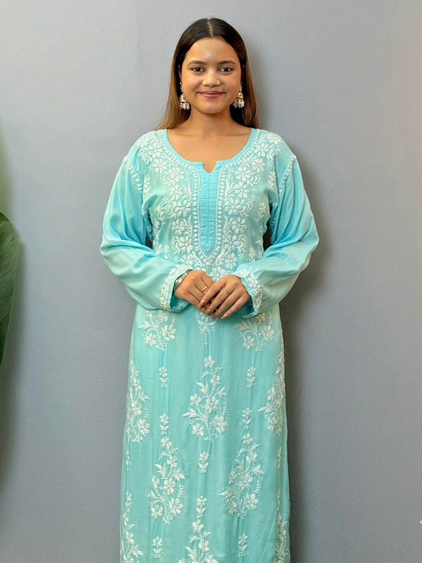Aqua blue modal fabric chikankari kurta with white hand embroidery work