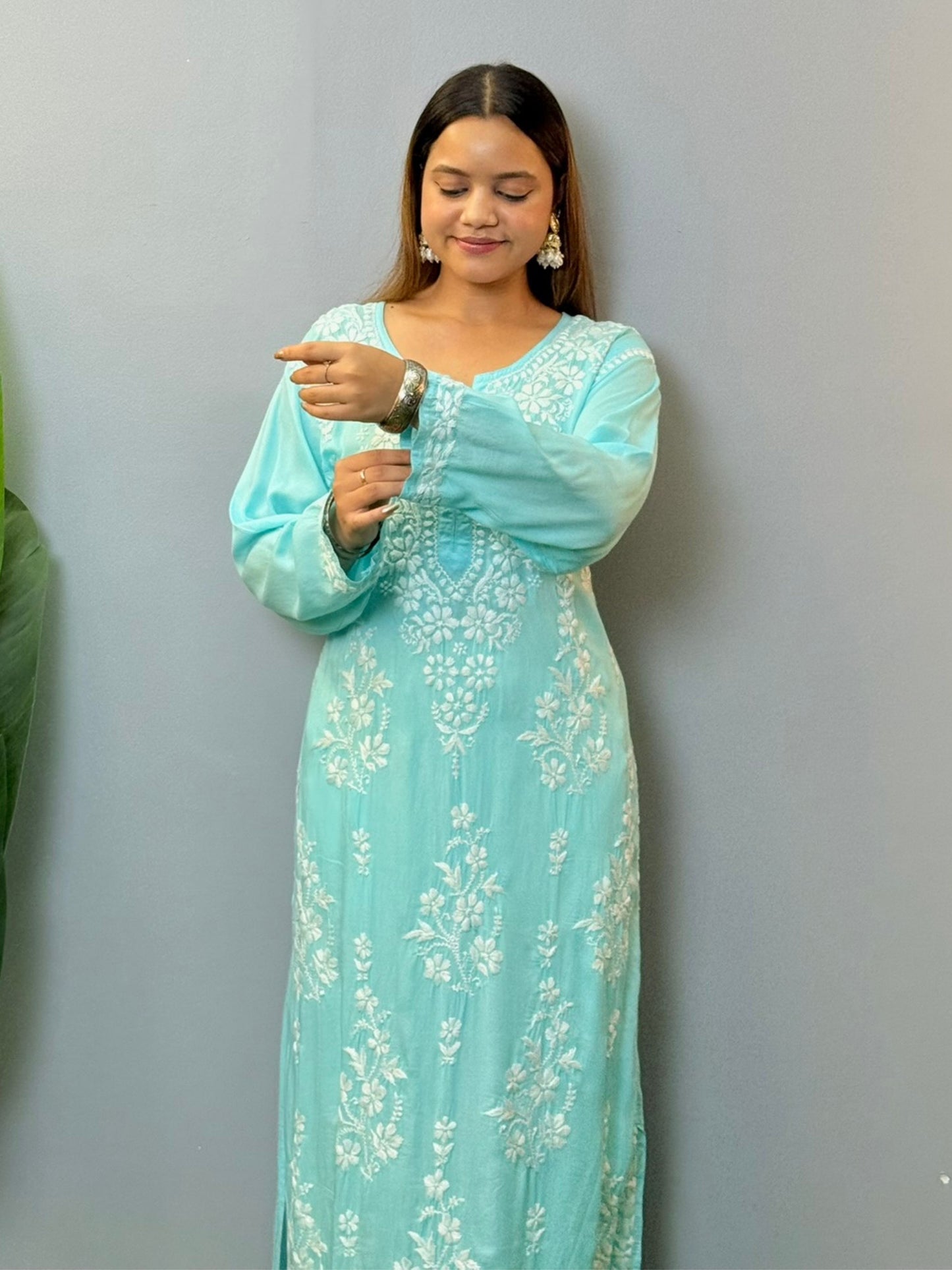 Aqua blue modal fabric chikankari kurta with white hand embroidery work