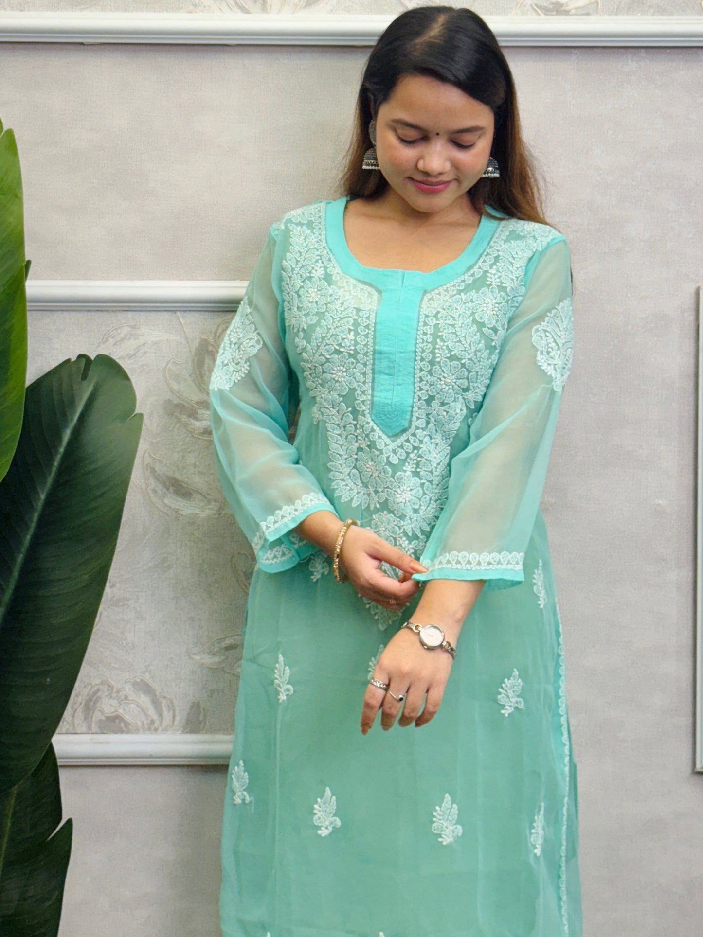 Sea Green Georgette Lucknow Chikankari Kurta with delicate hand embroidery, translucent fabric, casual wear.