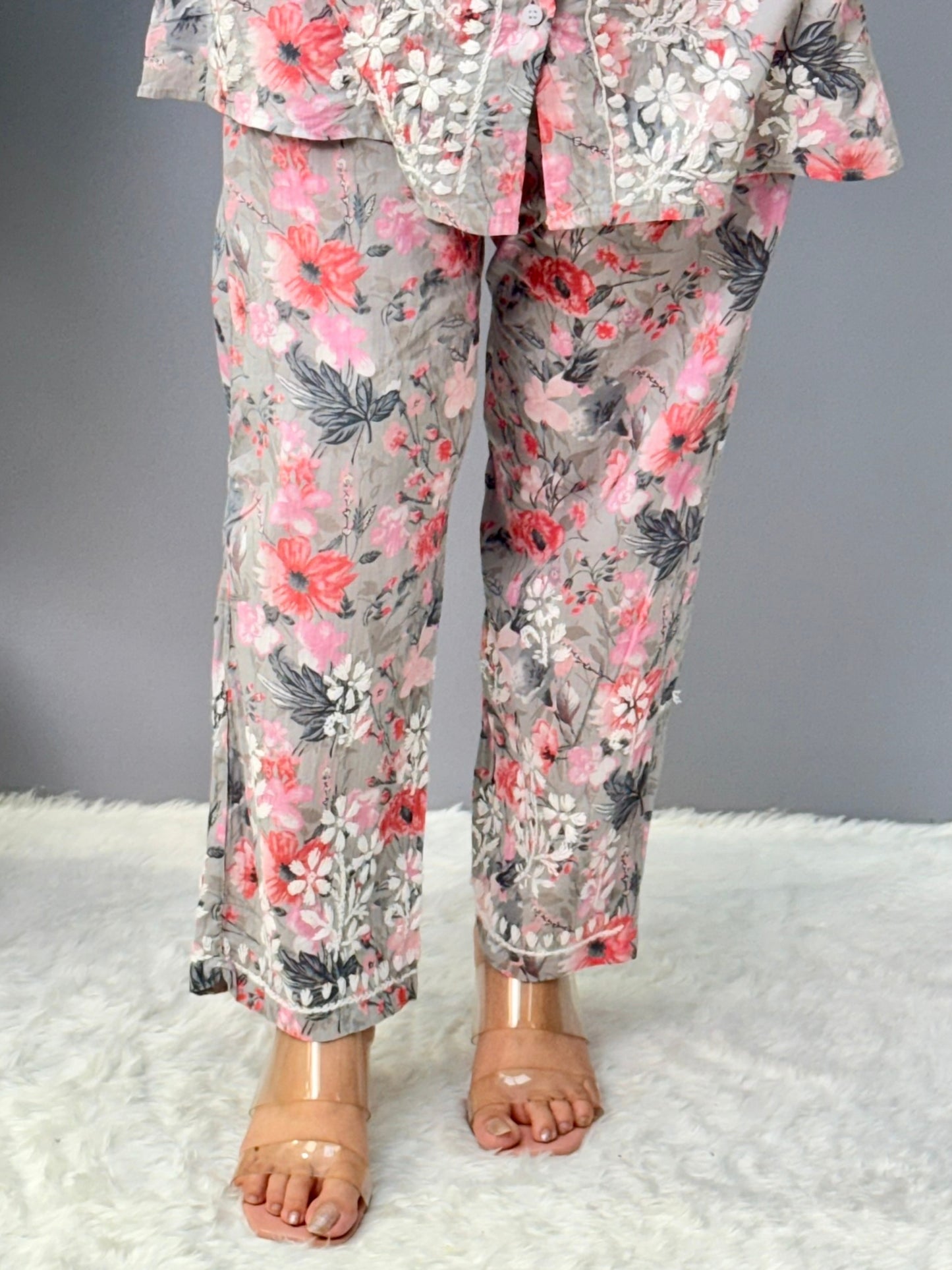 Floral grey-pink mulmul cotton chikankari kurta and pant set with white hand embroidery