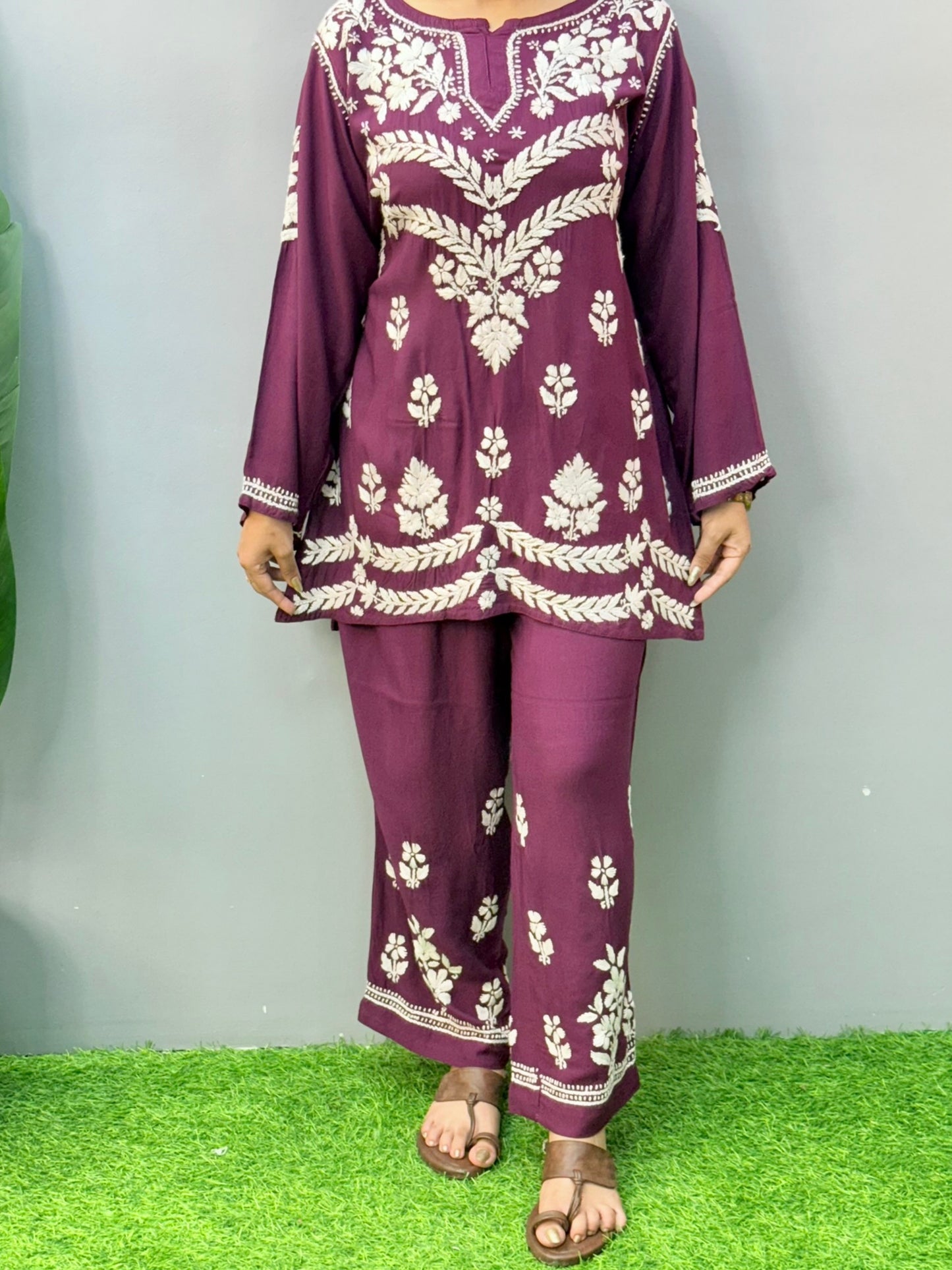 Plum purple short chikankari kurta and pant set in rayon fabric with white hand embroidery