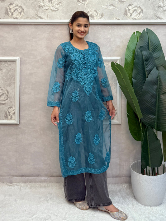 Lucknow chikankari teal blue organza kurta with hand embroidery