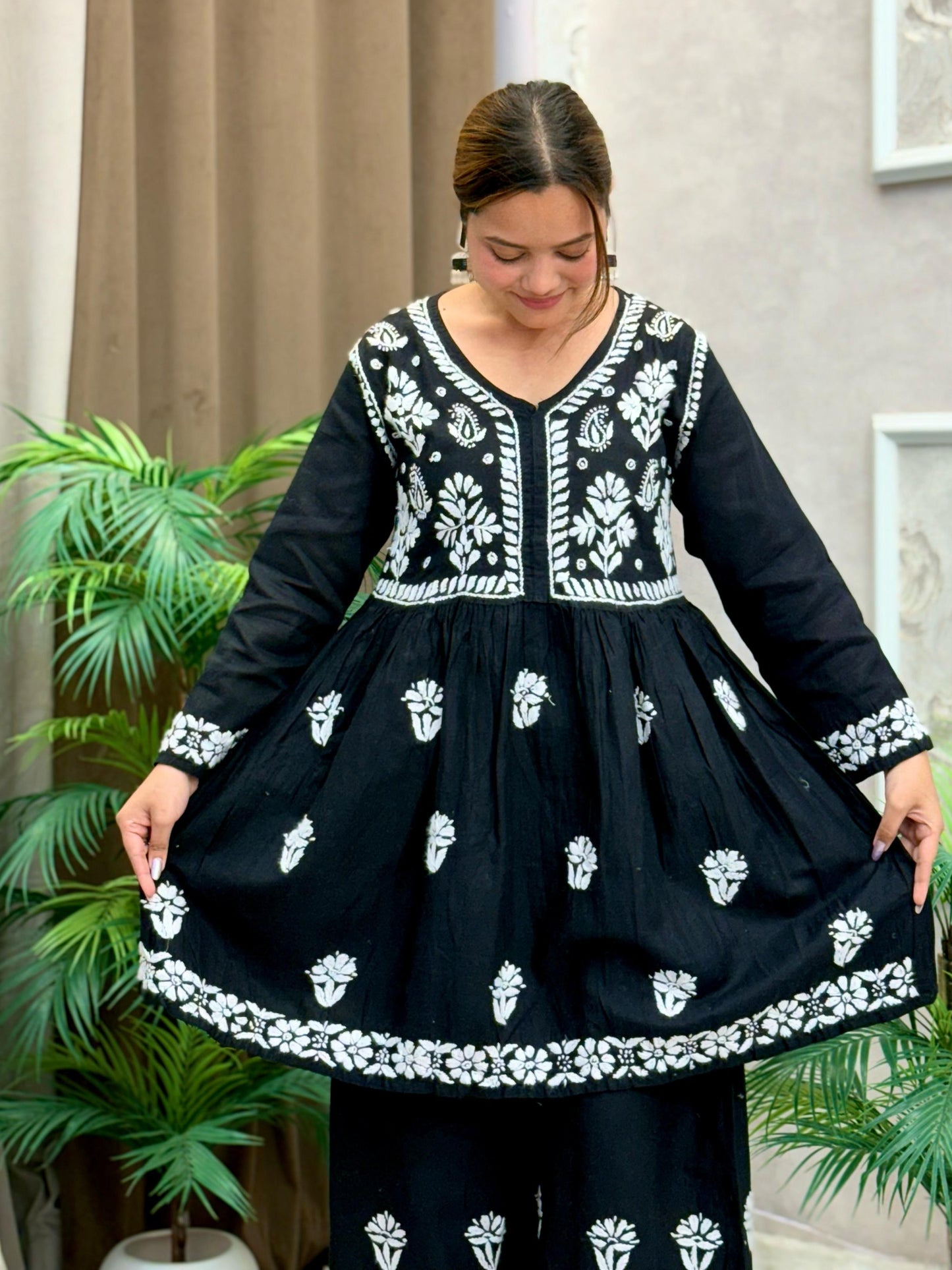 Black cotton Lucknow Chikankari kurta and palazzo set with white embroidery