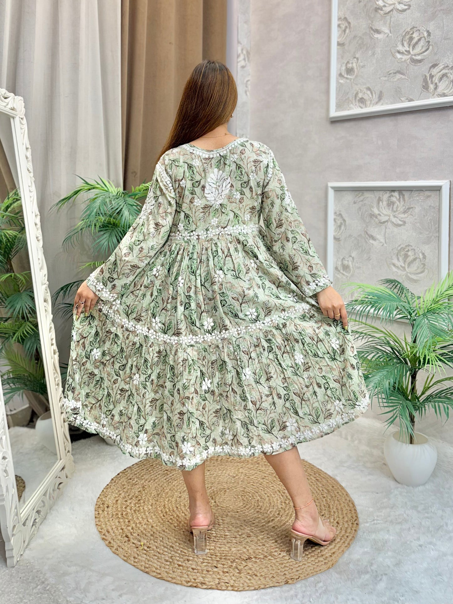 Sage green printed mulmul frock kurta with flared silhouette and Lucknow Chikankari embroidery