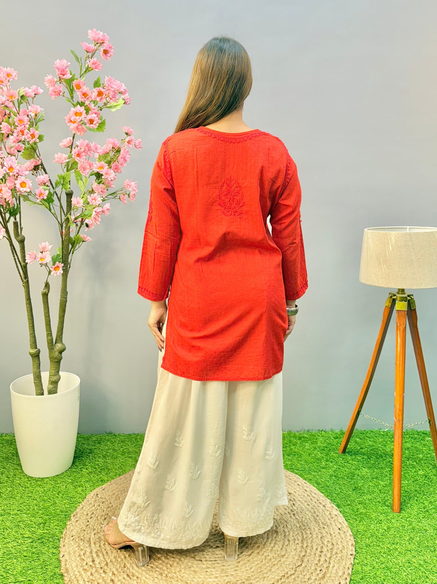 Rust red dobby cotton short chikankari kurta with hand embroidery