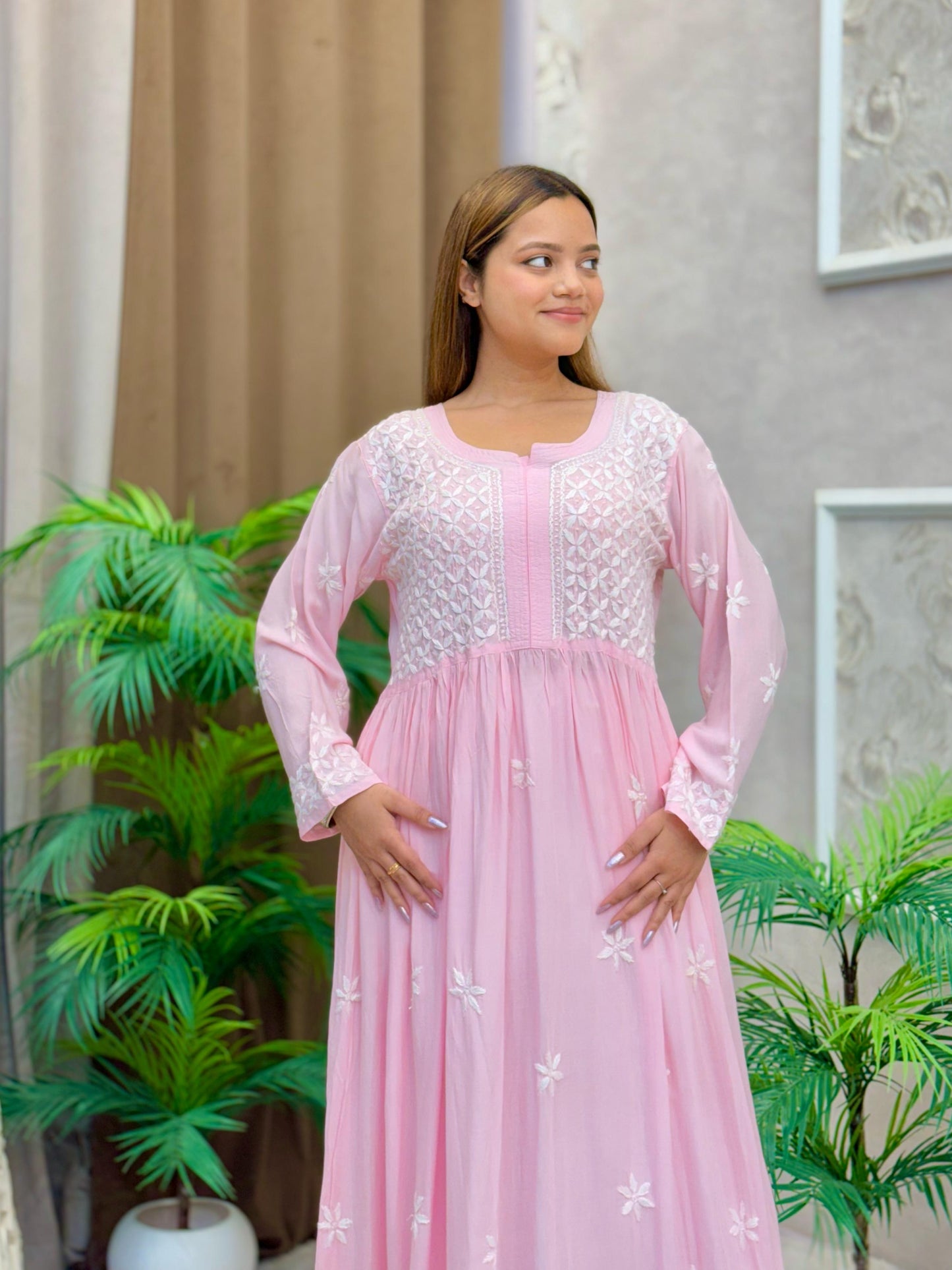Baby pink modal Lucknow Chikankari long frock kurta with delicate hand embroidery