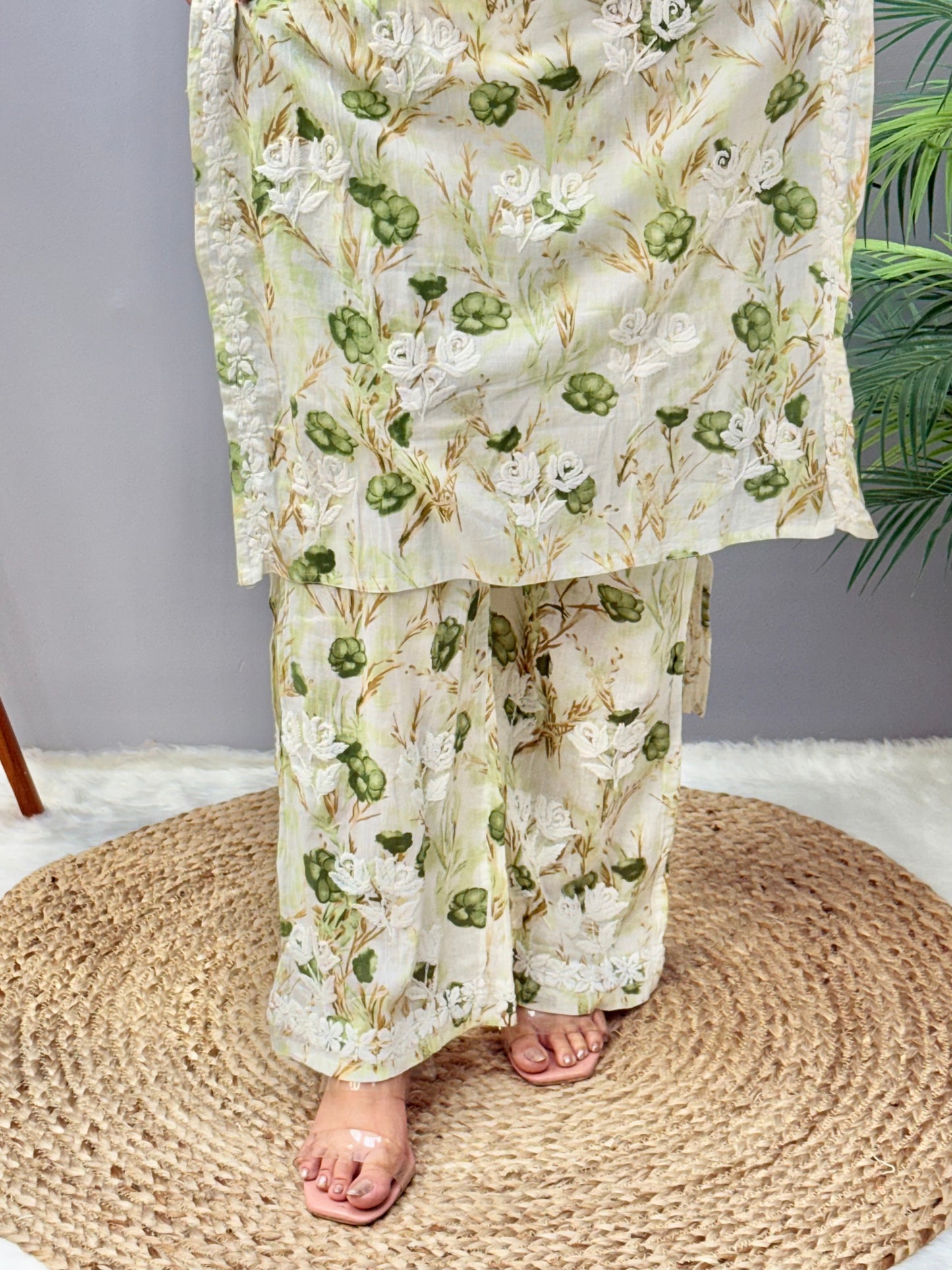 Beige floral printed mulmul Lucknow Chikankari kurta and palazzo set with 3D hand embroidery