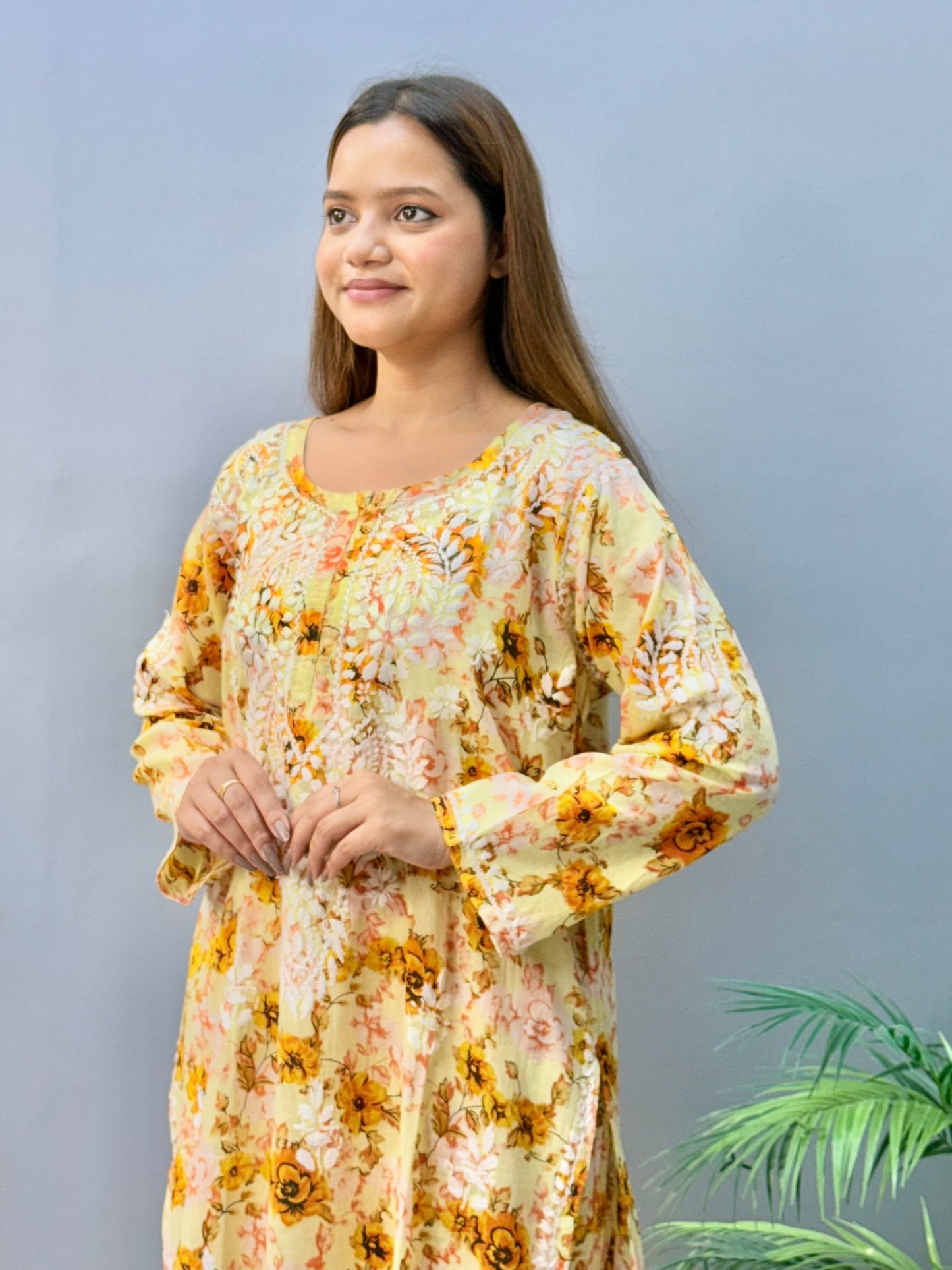 Sahar Sunshine – Yellow Floral Printed Mulmul Chikankari Kurta Pant Set