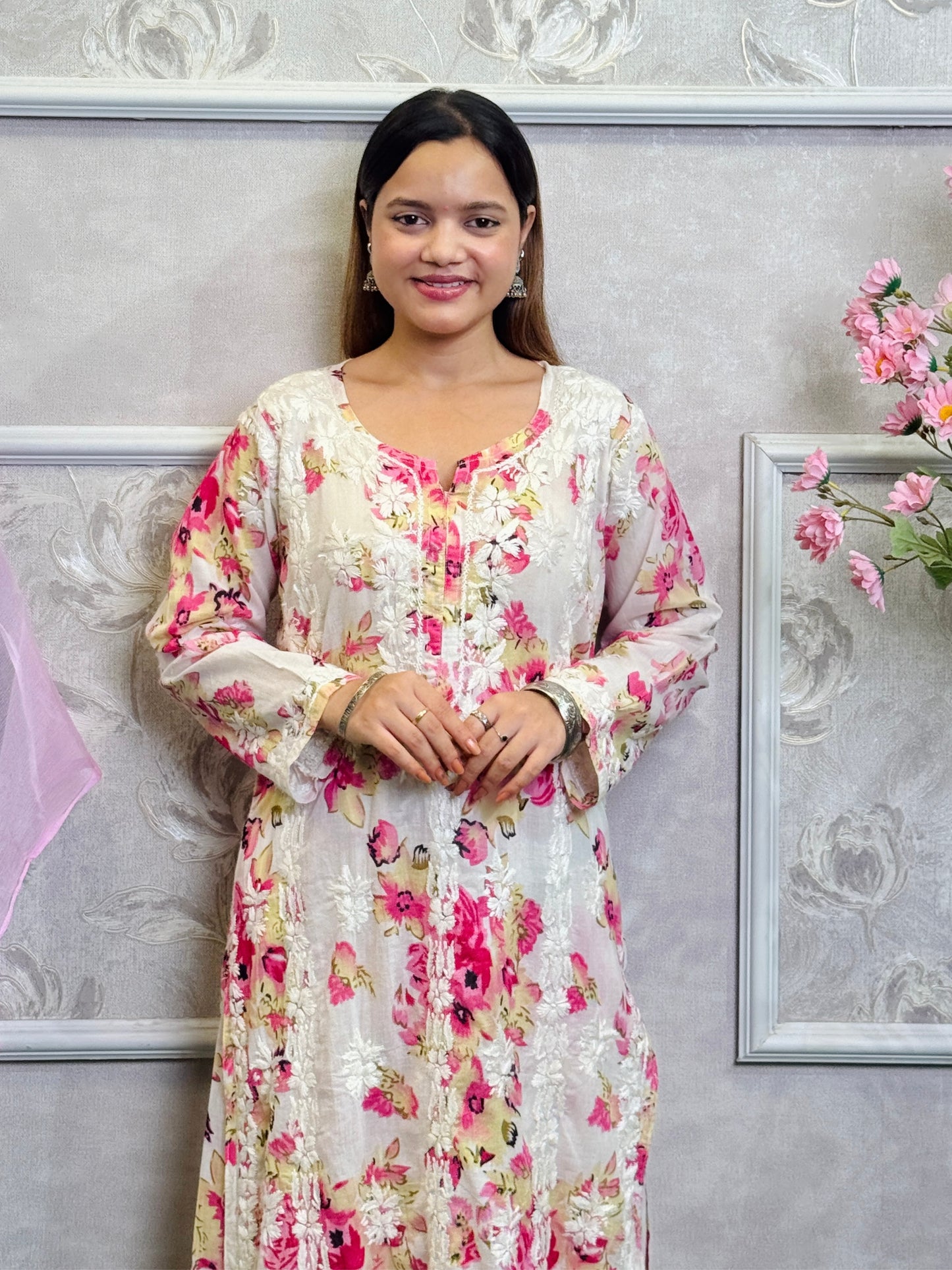 Lucknow Chikankari printed white and pink floral mulmul kurta palazzo set with pastel chiffon dupatta and hand embroidery