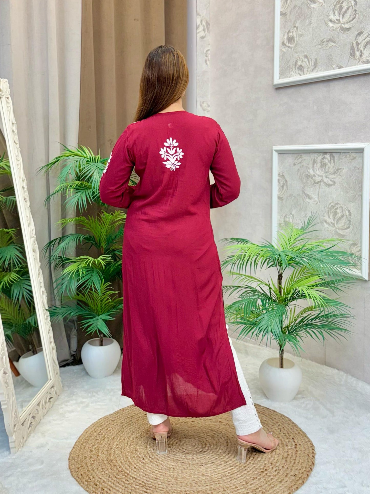 Maroon modal fabric Lucknow Chikankari kurta with white thread hand embroidery