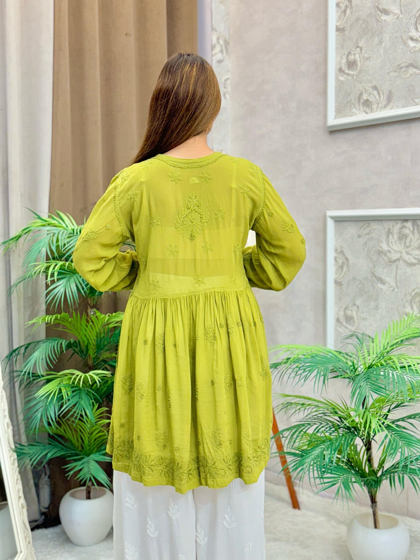 Olive green viscose short flared angrakha kurta with Lucknow chikankari embroidery