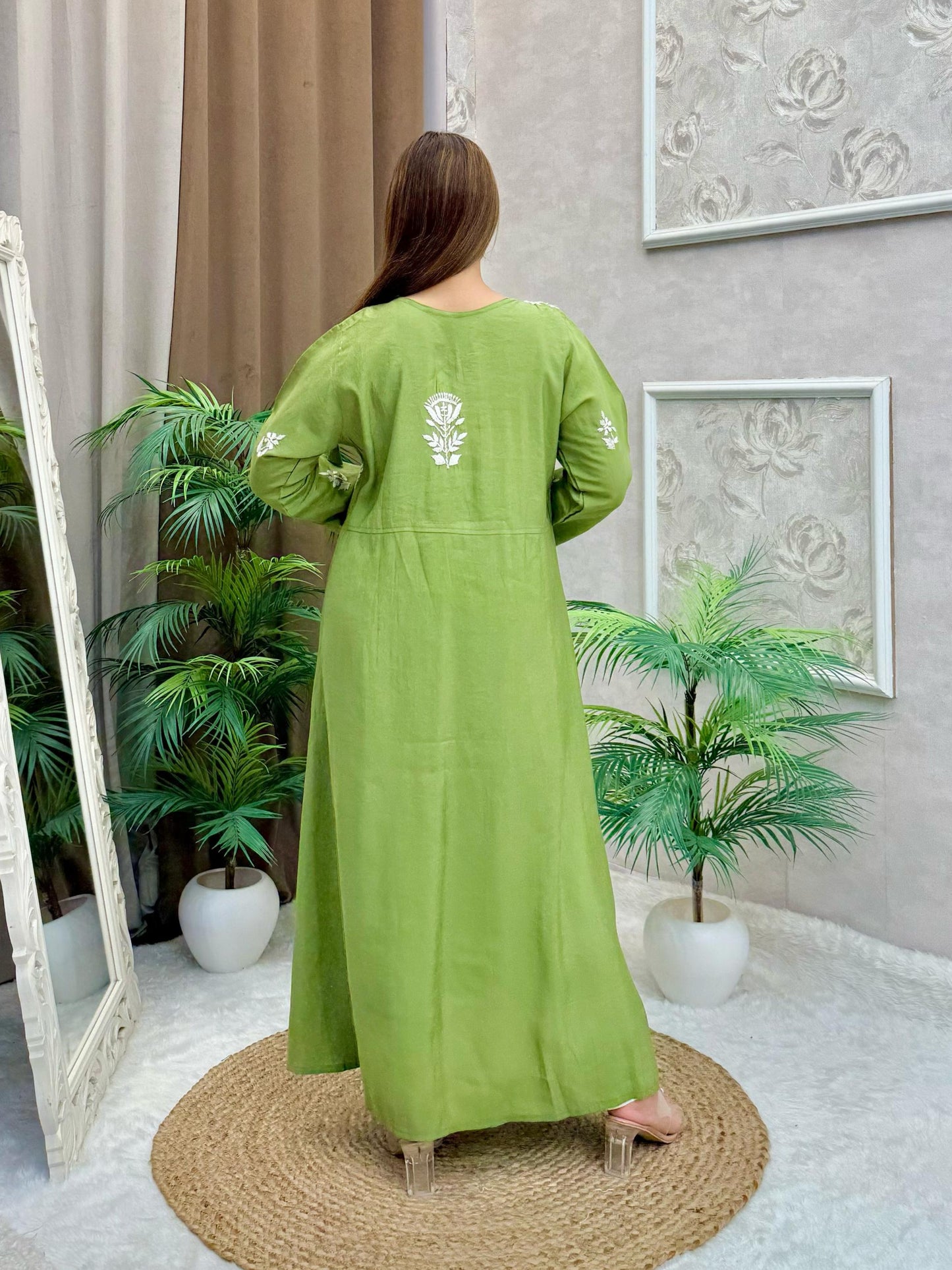 Olive green Chanderi angrakha kurta with white hand embroidery