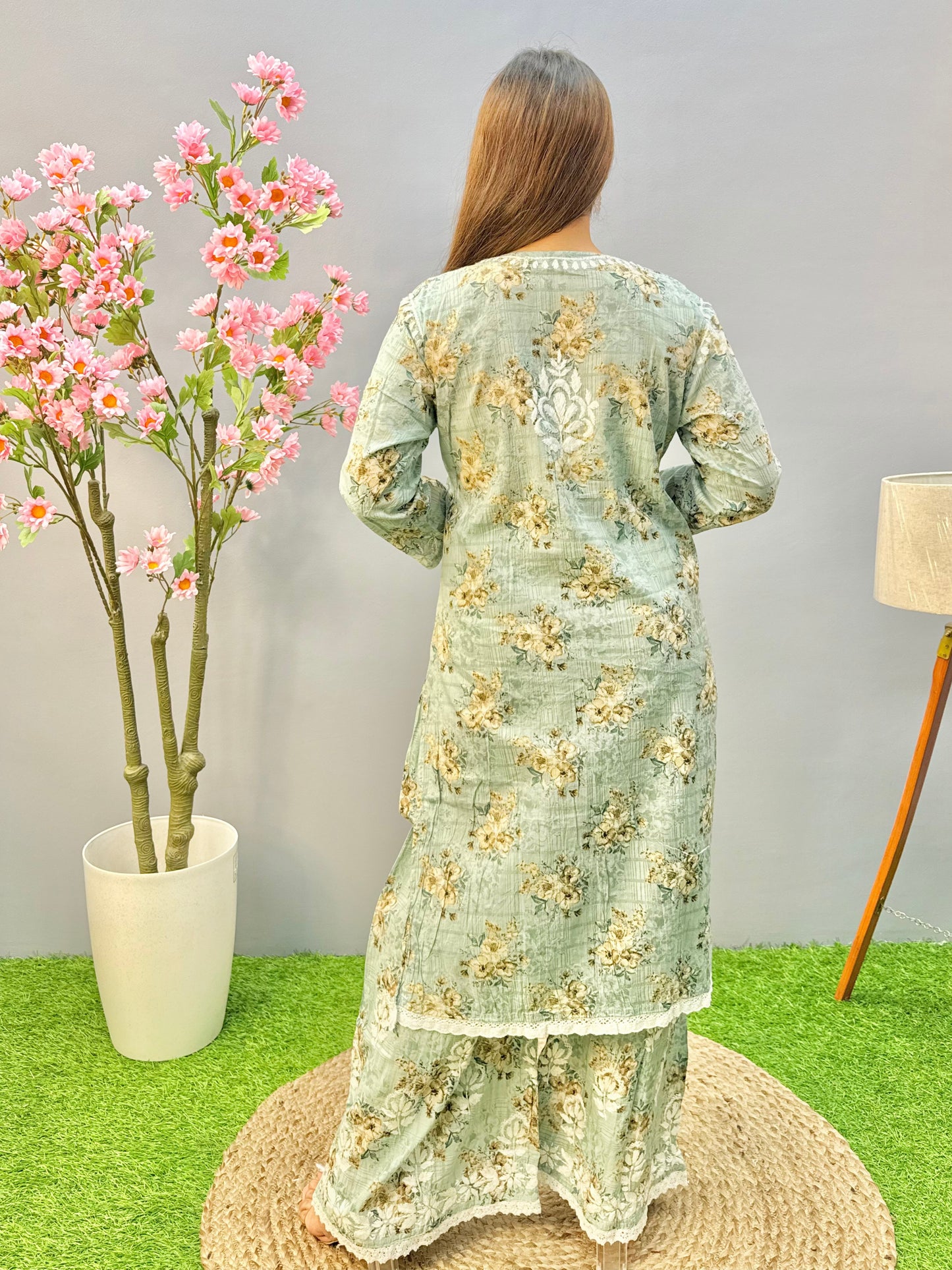 Mint green floral mulmul chikankari kurta and palazzo set with lace detailing