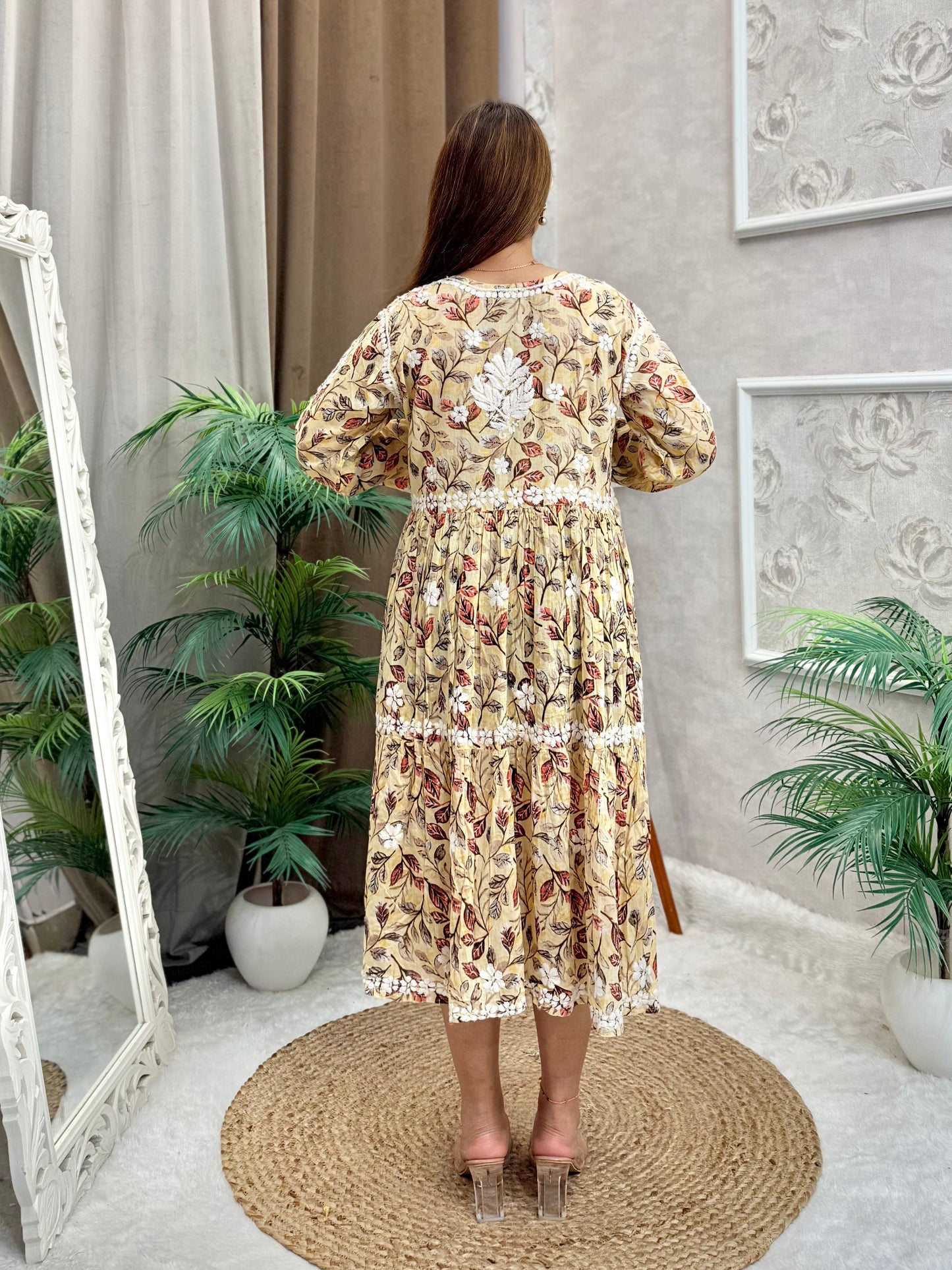 Printed Beige Mulmul Chikankari Frock – Flared Knee-Length Kurta