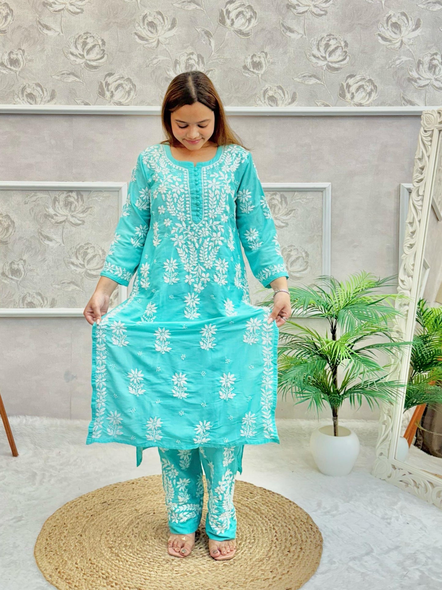 Teal muslin Lucknow Chikankari kurta and pant set with white hand embroidery