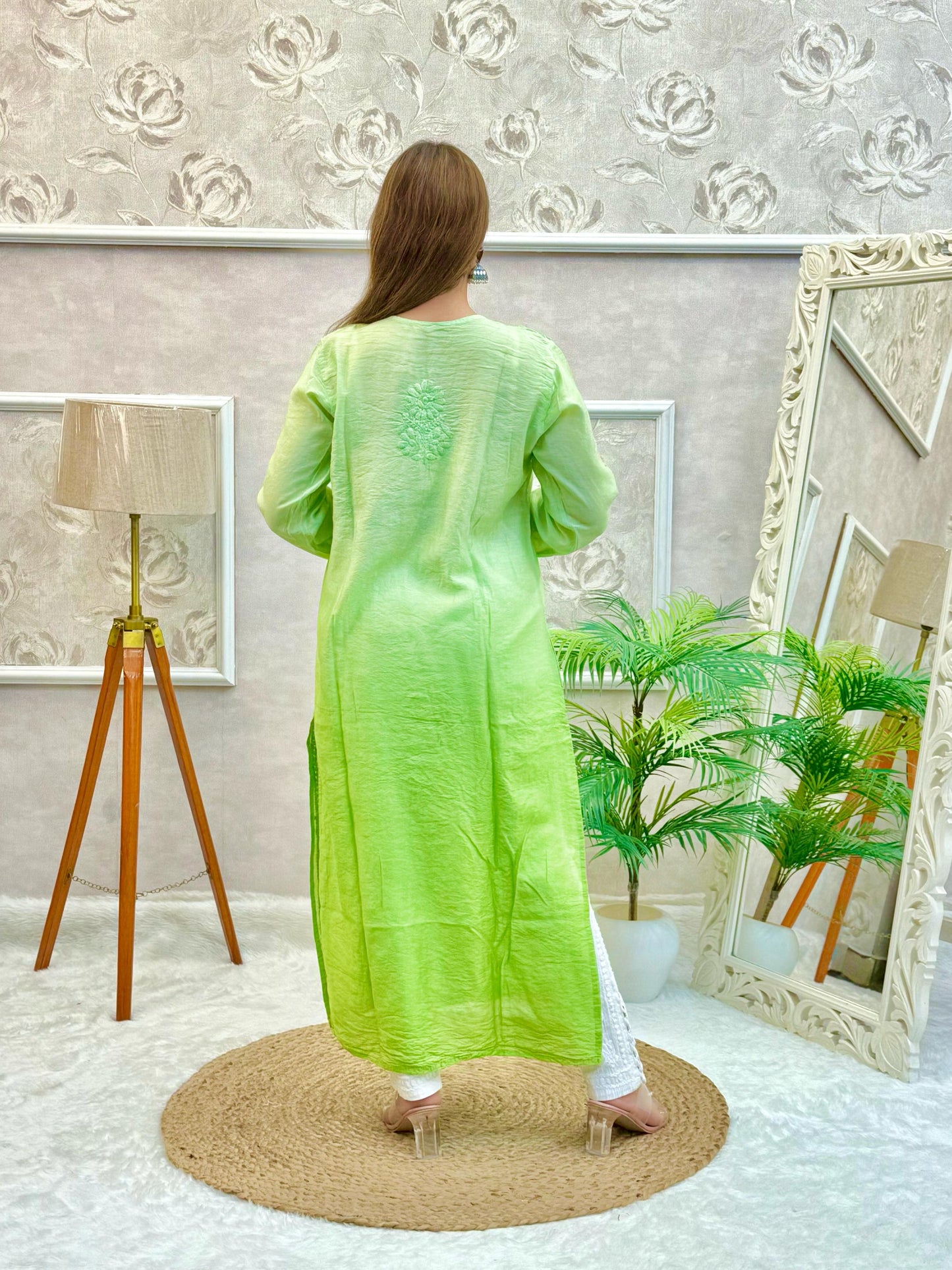 Lime green chanderi Lucknow Chikankari kurta with tonal hand embroidery
