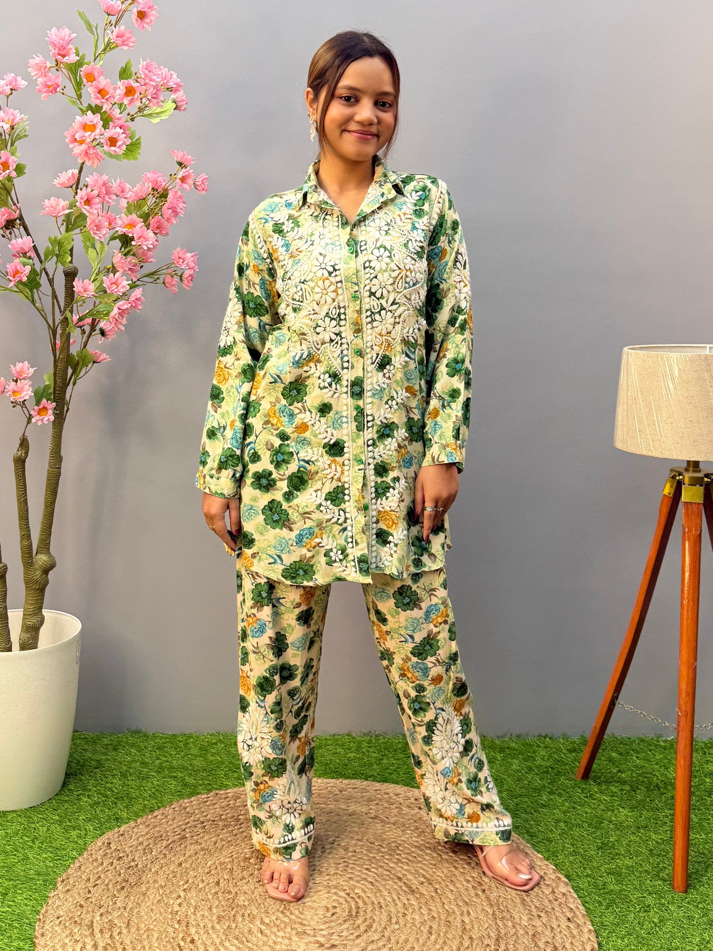 Green floral printed rayon co-ord set with white Lucknow Chikankari embroidery