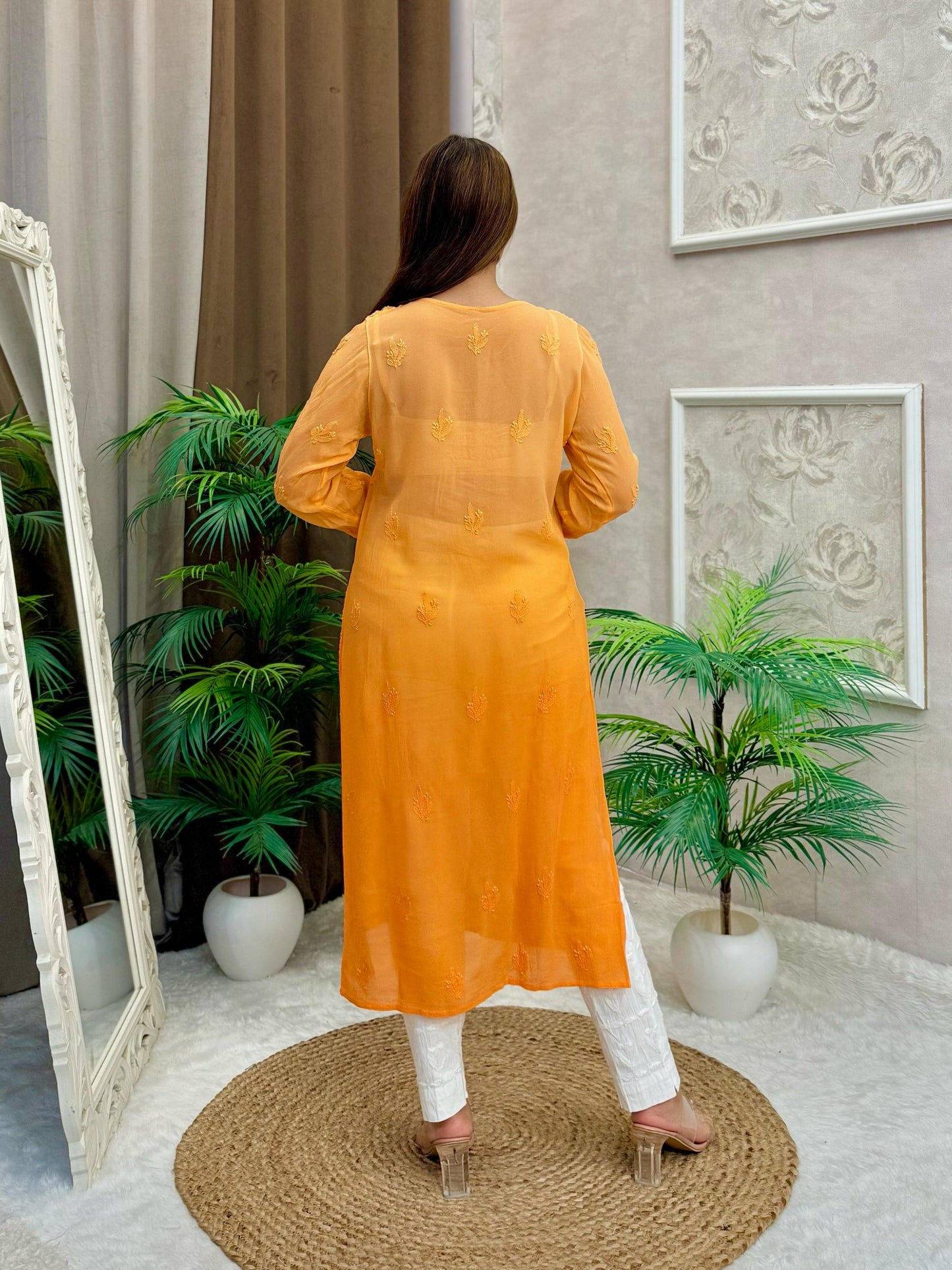 Amber orange viscose kurta with Lucknow chikankari hand embroidery