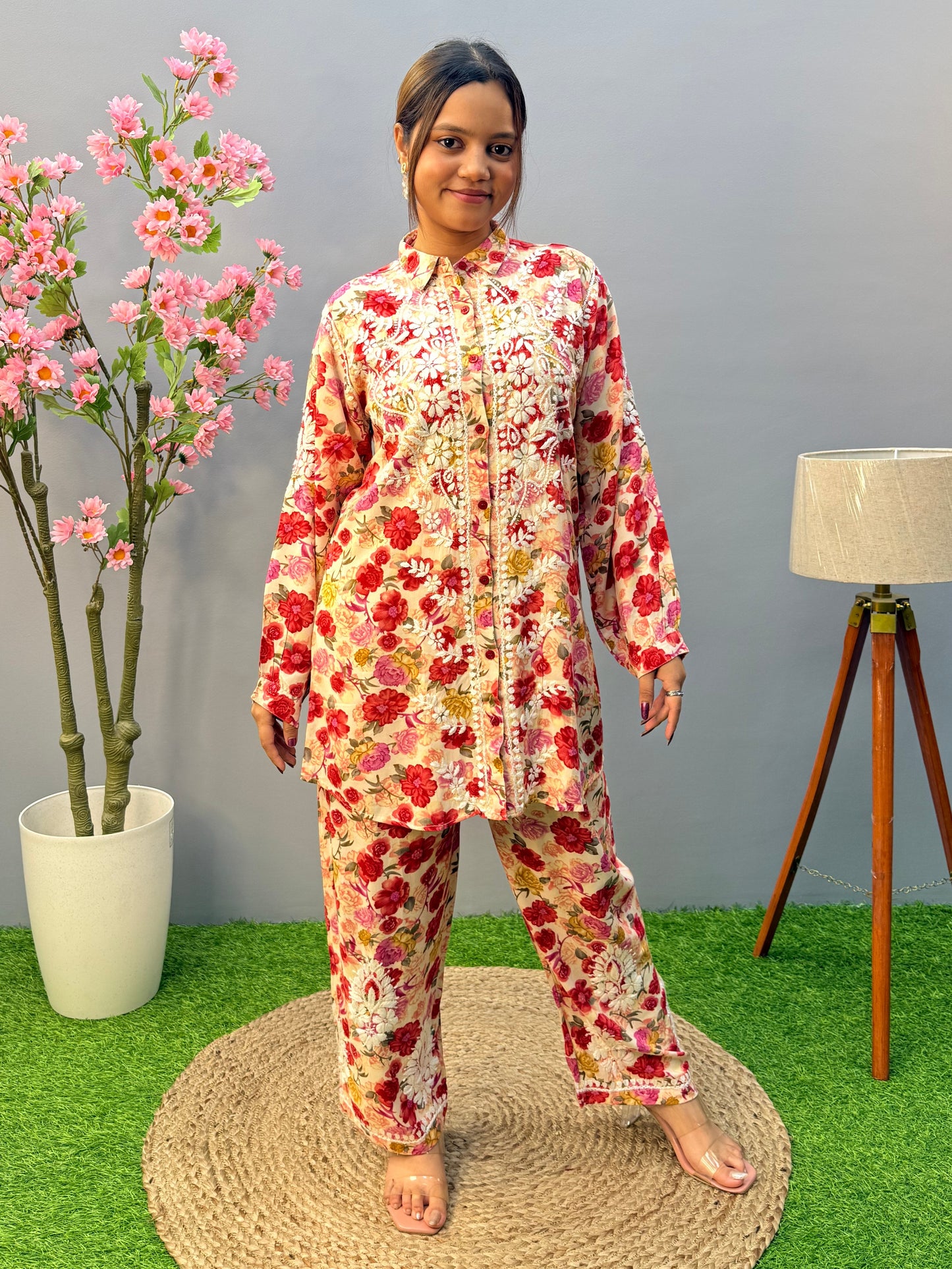 Red floral printed rayon co-ord set with Lucknow Chikankari embroidery