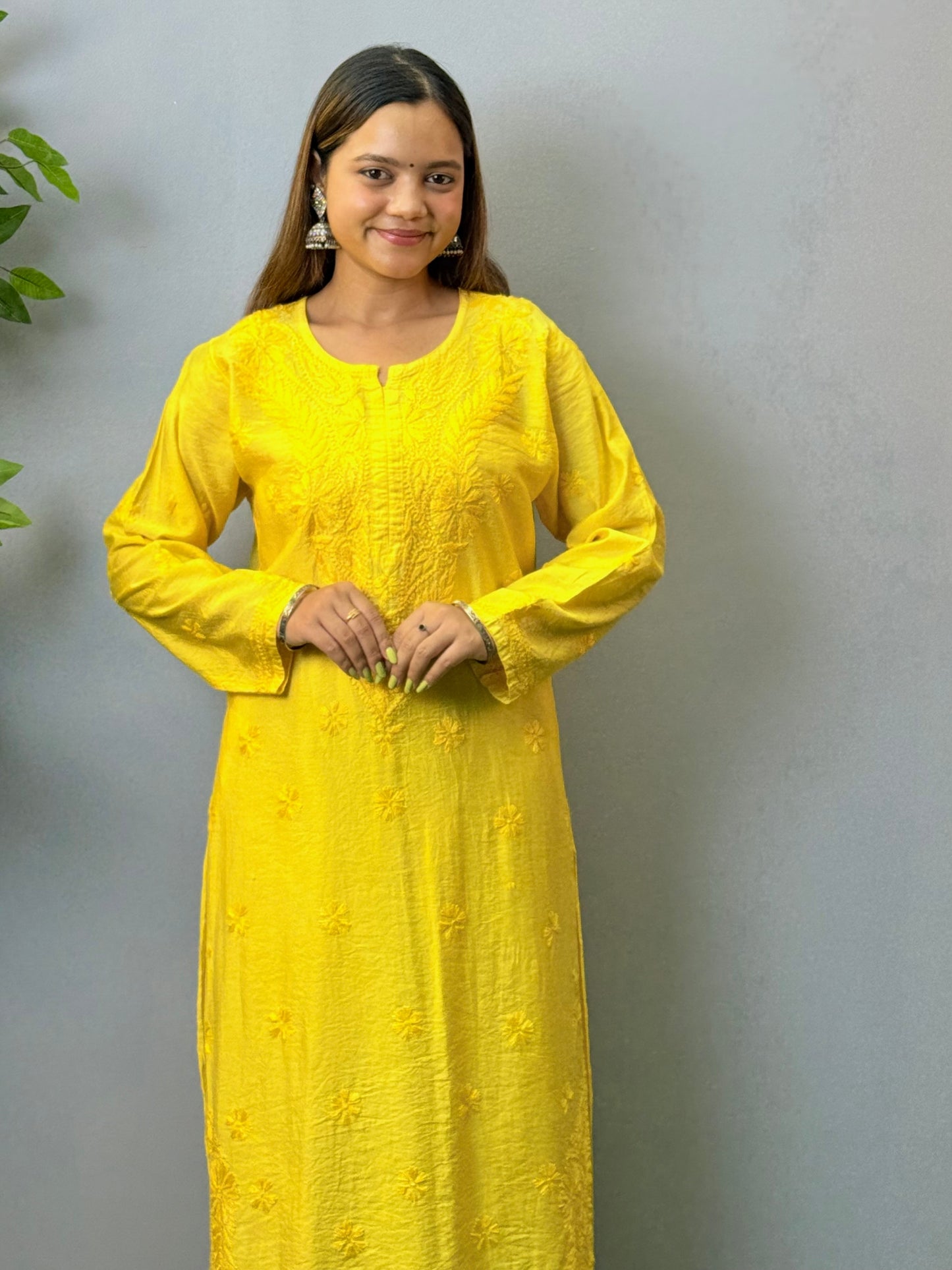 Yellow Chanderi Lucknow Chikankari Kurta with delicate hand embroidery