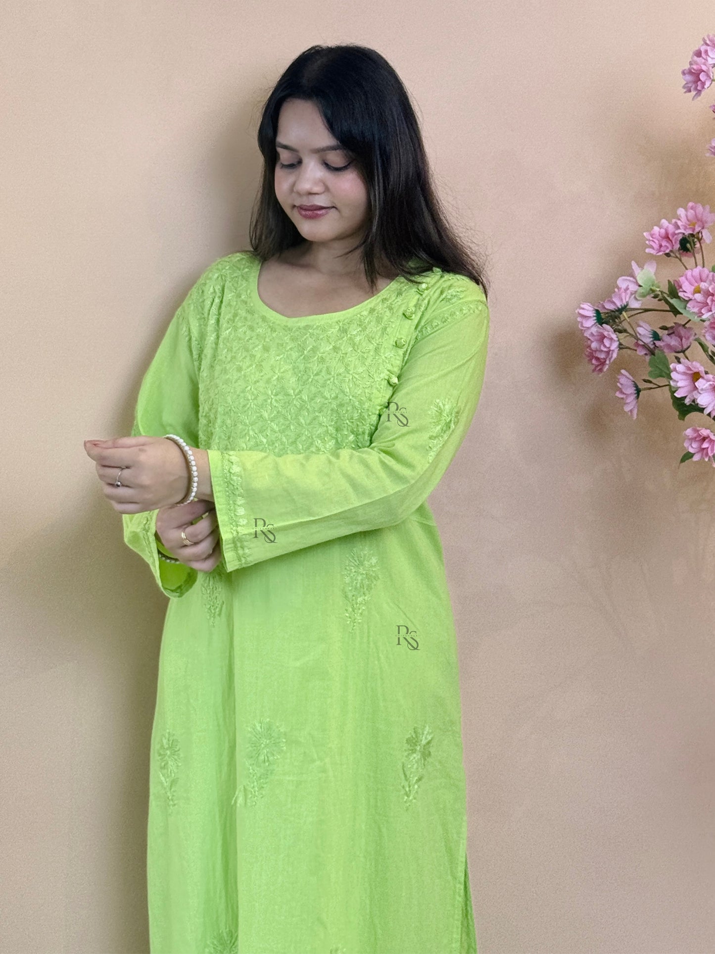 Lime green cotton chikankari kurta with matching stretch pant, hand embroidered ethnic set