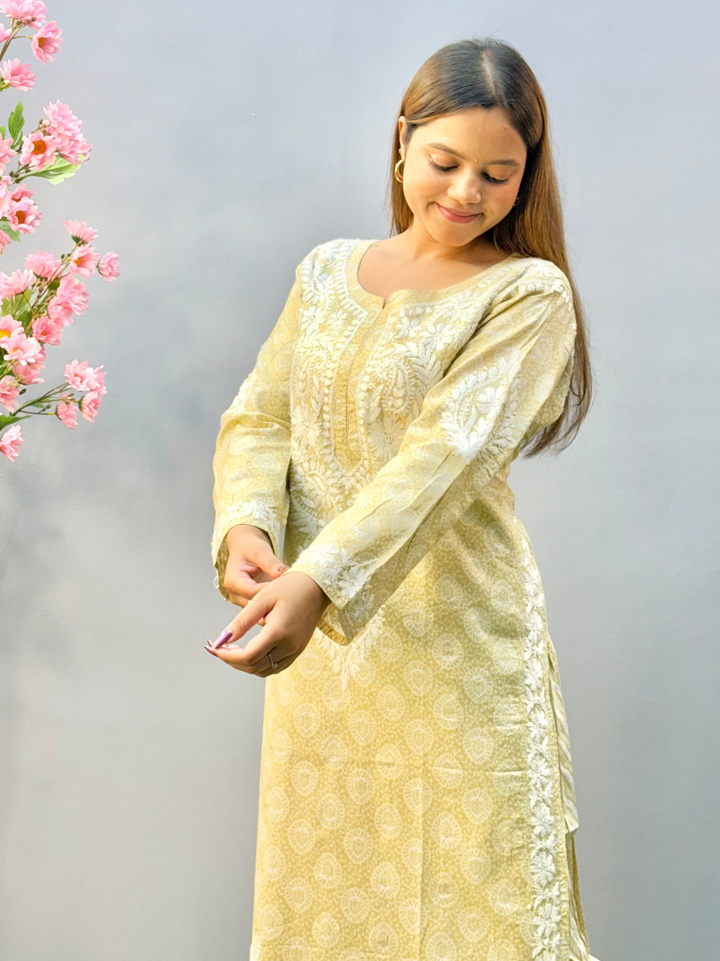 Beige printed Lucknow chikankari kurta and pant set in soft mulmul fabric