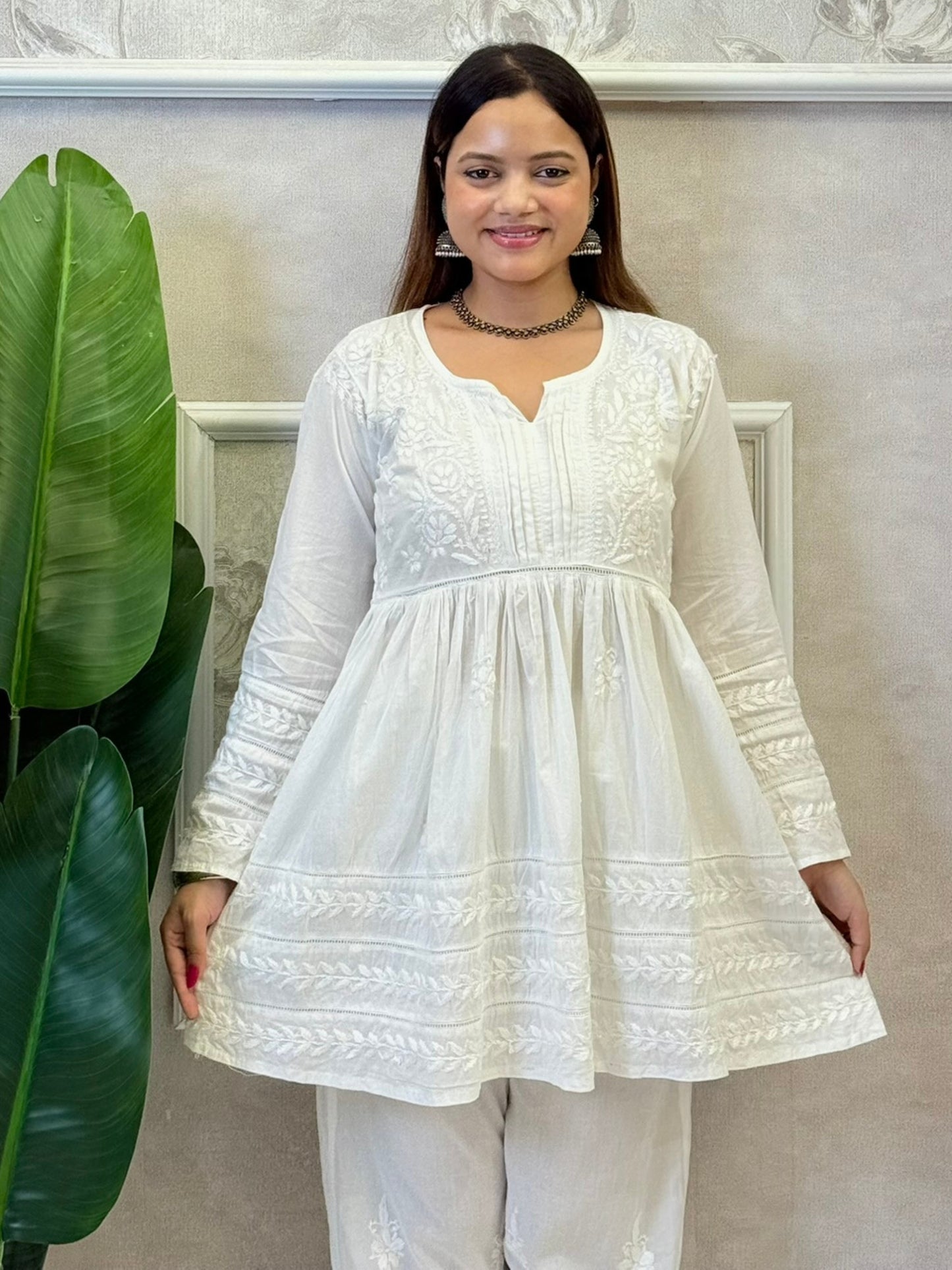 White Lucknow Chikankari cotton kurta and pant set with hand embroidery, soft and premium quality
