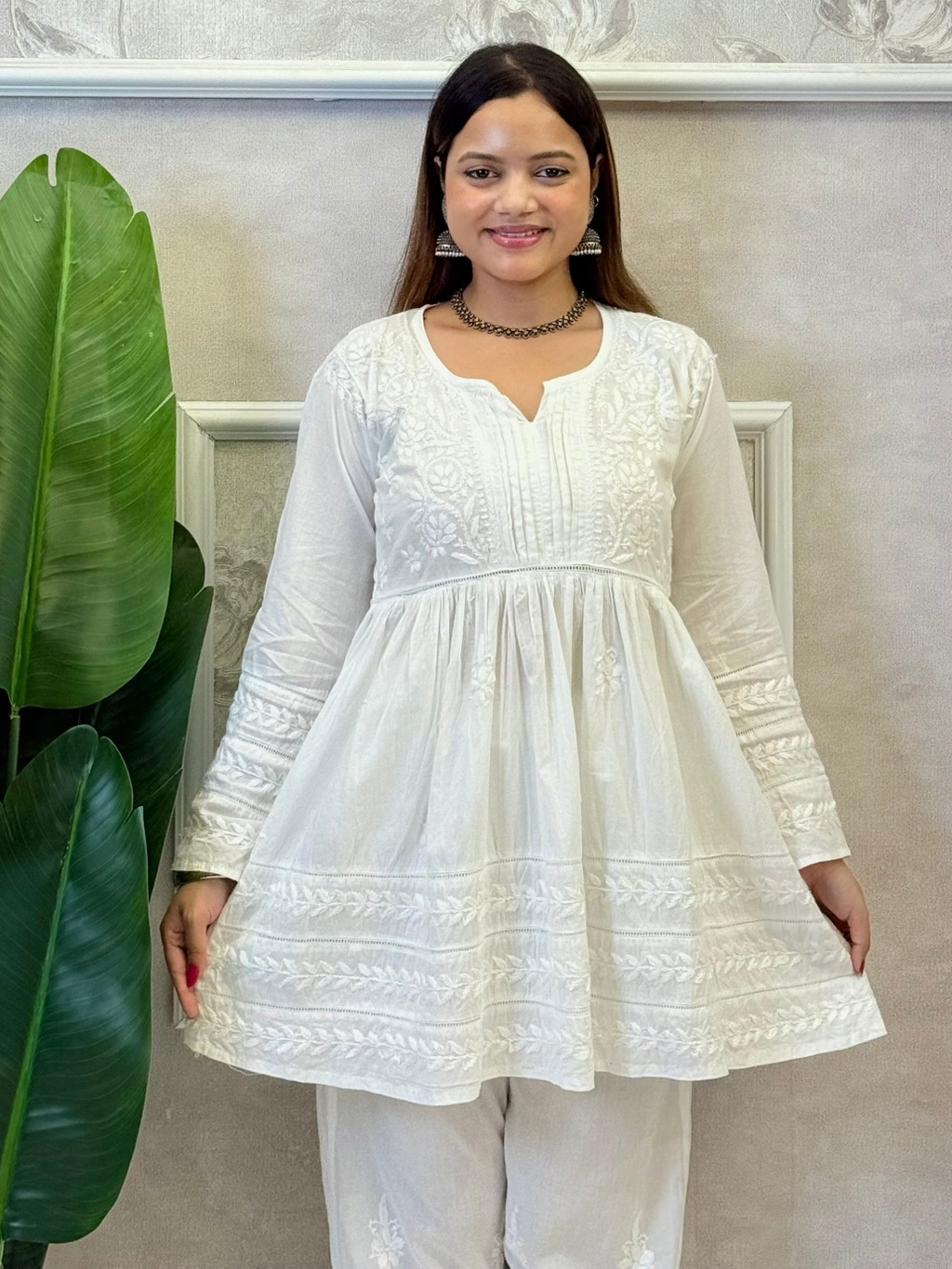 White Lucknow Chikankari cotton kurta and pant set with hand embroidery, soft and premium quality