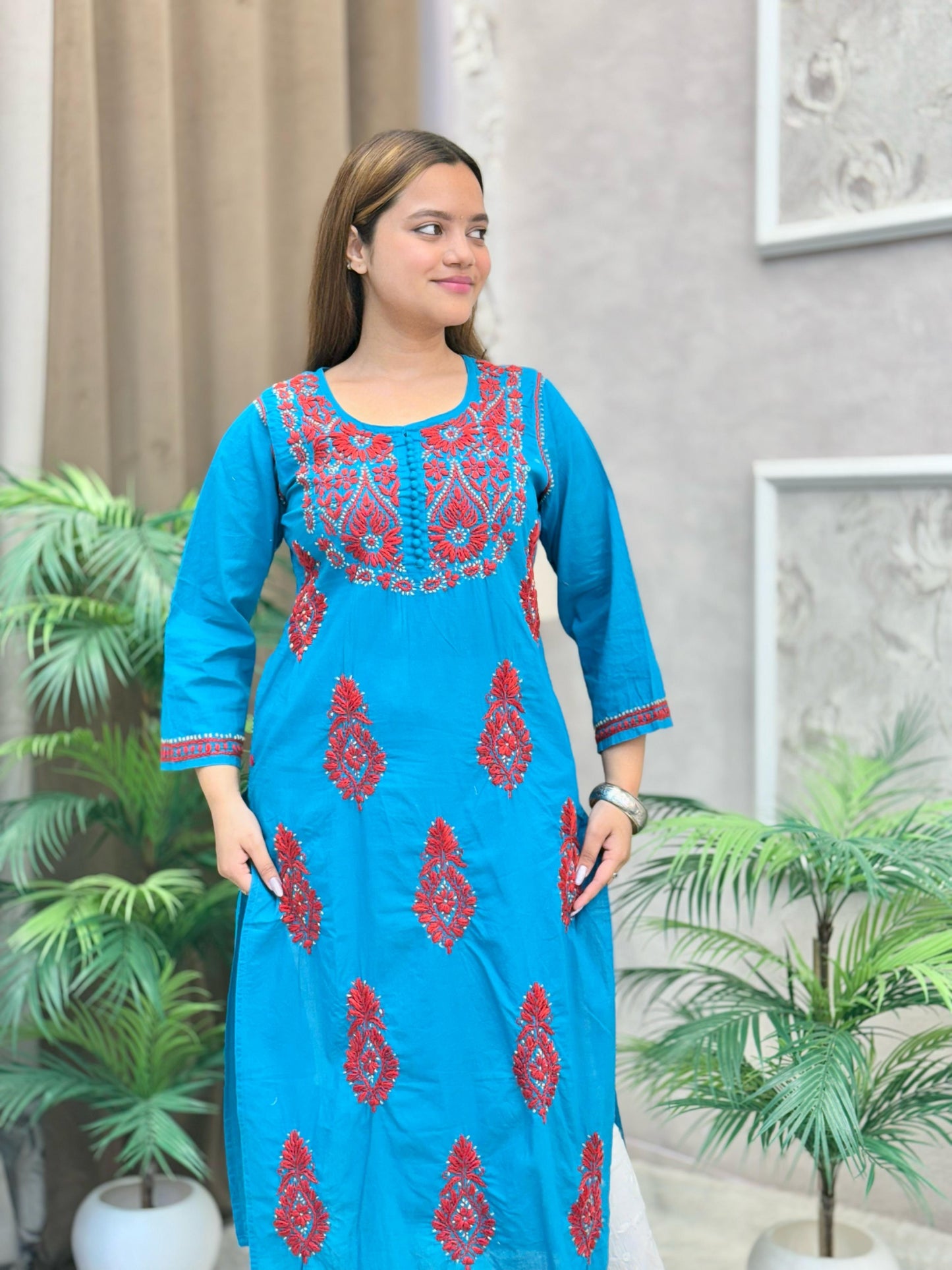 Teal blue cotton kurta with red and white contrast Lucknow Chikankari embroidery