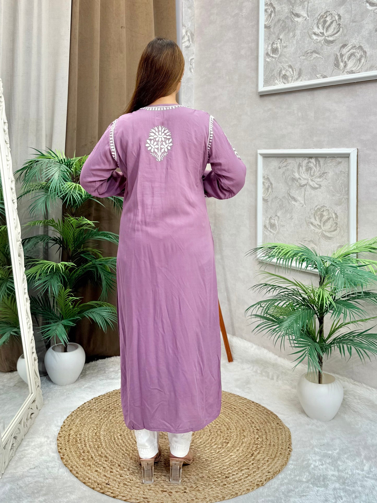 Lavender modal Lucknow Chikankari kurta with hand embroider